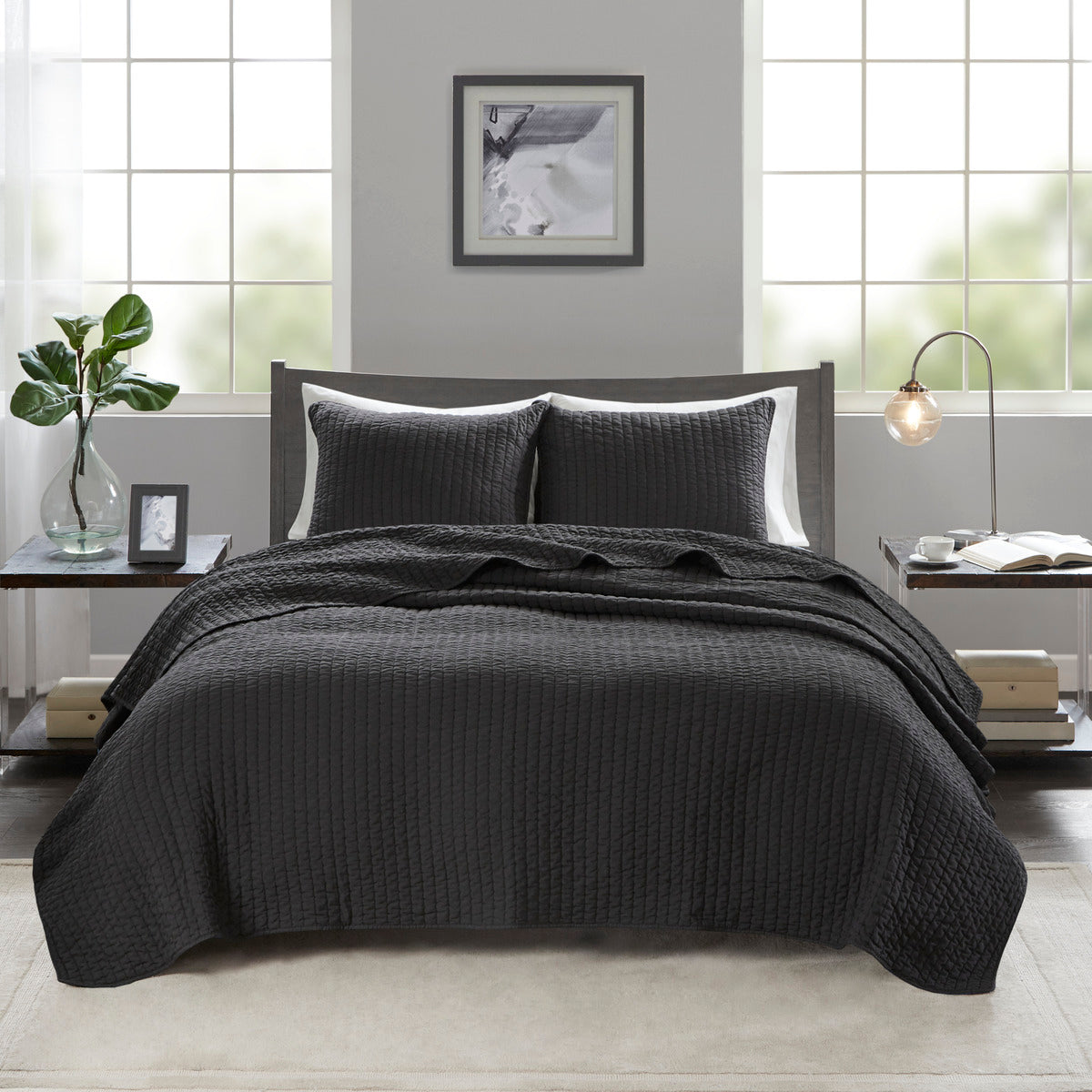 3 Piece Quilt Set Black King Cal King King Black Microfiber