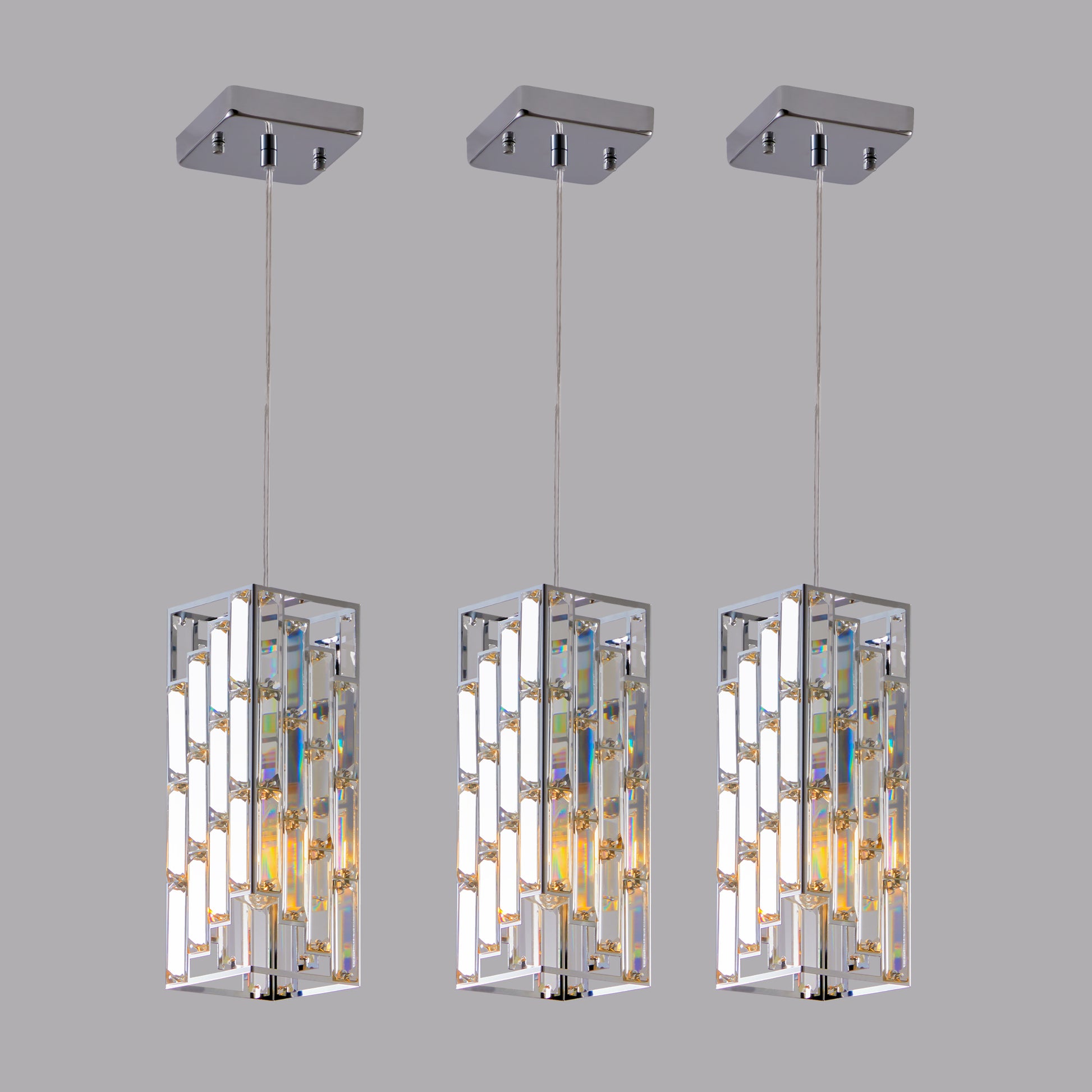 Modern Crystal Pendant Light 3 Pack, Adjustable Hanging Ceiling Lamp With Crystal Prism Design For Dining Room, Kitchen Island, And Living Room Chrome Finish Chrome Crystal,Iron