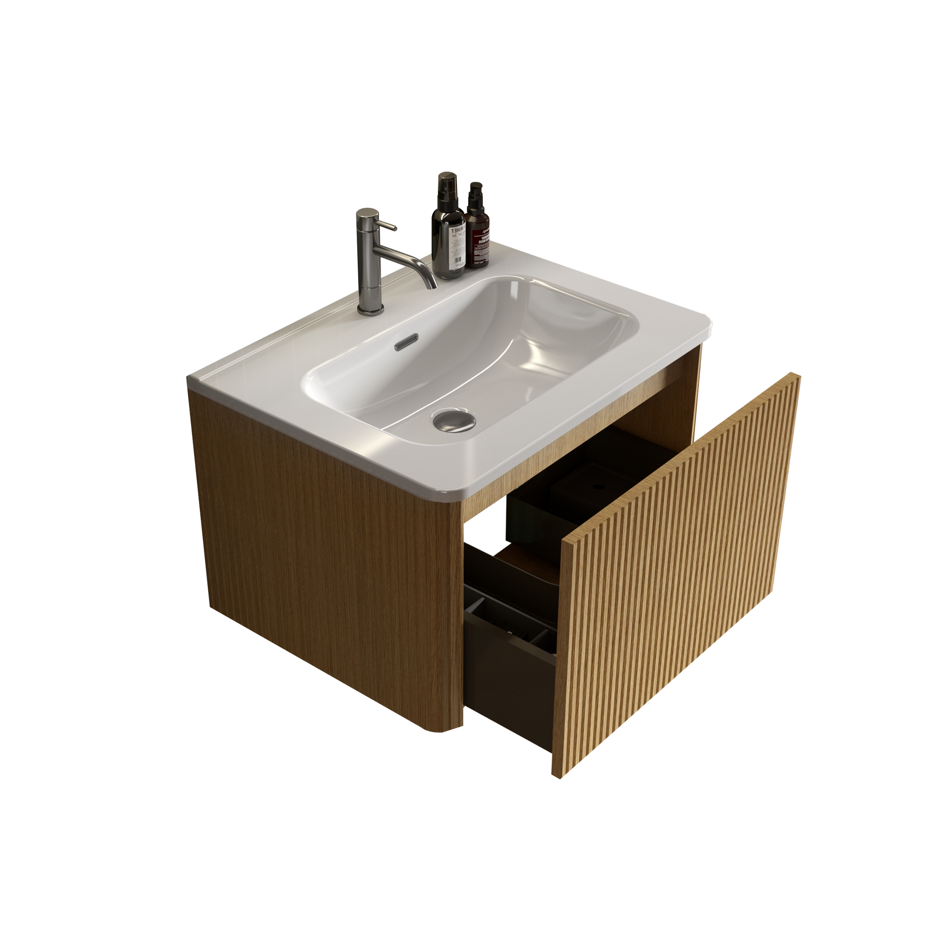 U055 Etna24W 306 Etna 24" Striped Natural Oak Bathroom Vanity With White Ceramic Sink, Wall Mounted Floating Bathroom Vanity For Modern Bathroom, Pre Assembled White Oak Bathroom Modern Melamine