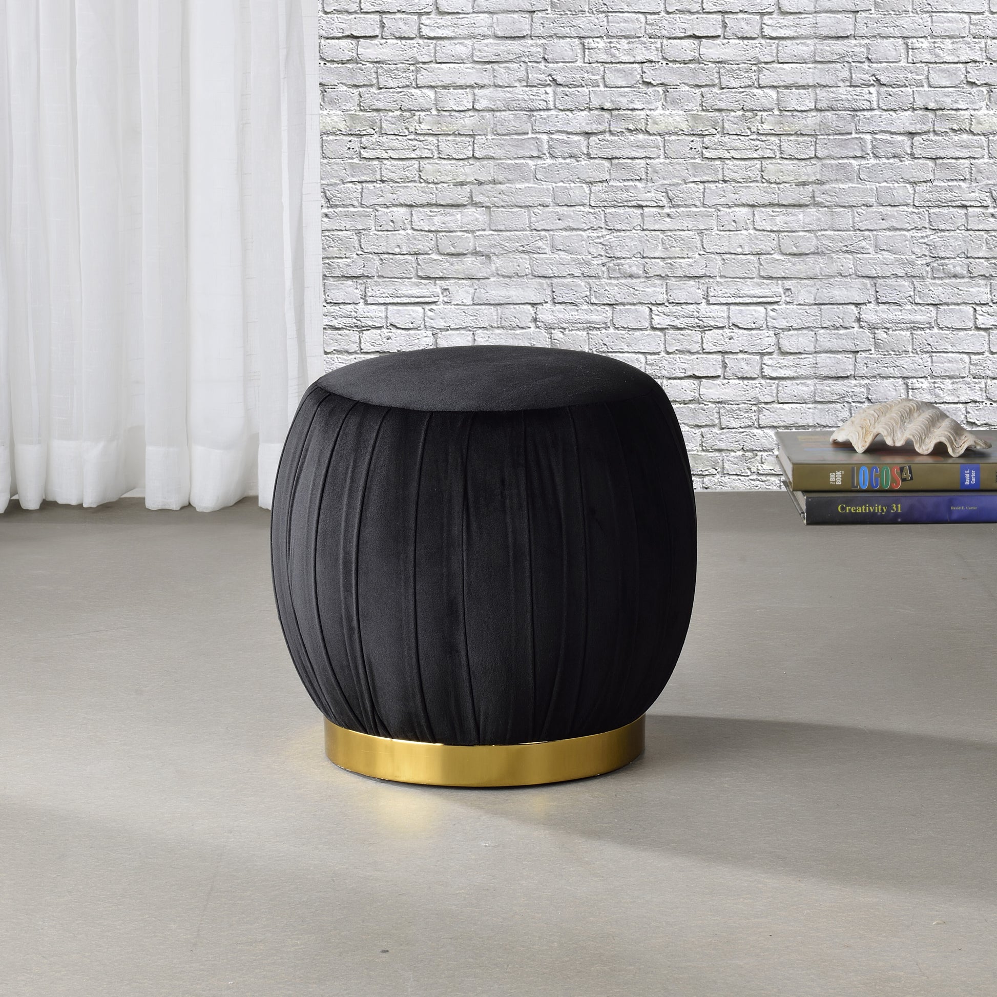 Black And Gold Round Tufted Ottoman Black Gold Velvet Wood Primary Living Space Backless Solid Black Luxury Round Armless Fabric Metal