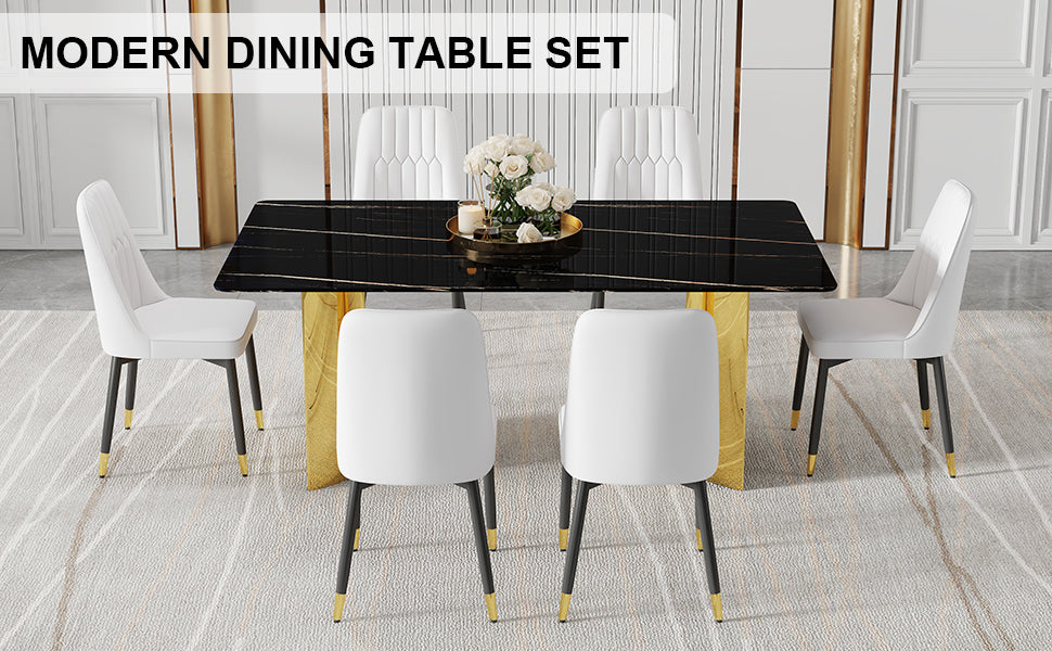 Table And Chair Set.The Table Has A Glass Top With Imitation Marble Pattern Stickers And Stainless Steel Golden Legs. Paried With Chairs With Pu Artificial Leather Backrest Cushions And Black Legs. Black Gold Seats 6 Glass Metal