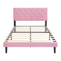 Queen Size Upholstered Platform Bed Frame With Modern Button Tufted Linen Fabric Headboard, No Box Spring Needed, Wood Slat Support, Easy Assembly, Pink Queen Pink Linen