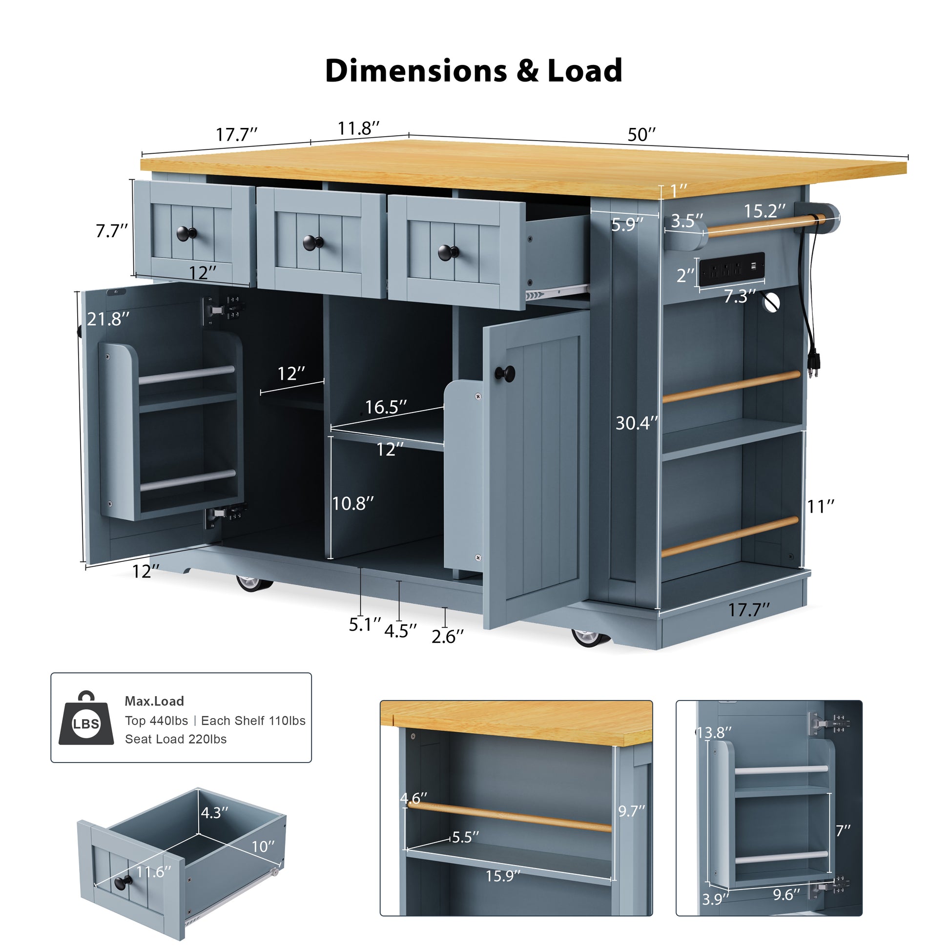 K&K 53Inch Large Kitchen Island With Drop Leaf,Power Outlet,Door Internal Storage Rack,Rolling Kitchen Cart On 5 Wheels With 5 Open Side Racks For Kitchen,Dining Room,Grey Blue Not Include Bar Stools Grey Blue Gray Kitchen Classic,Farmhouse,Luxury,Modern