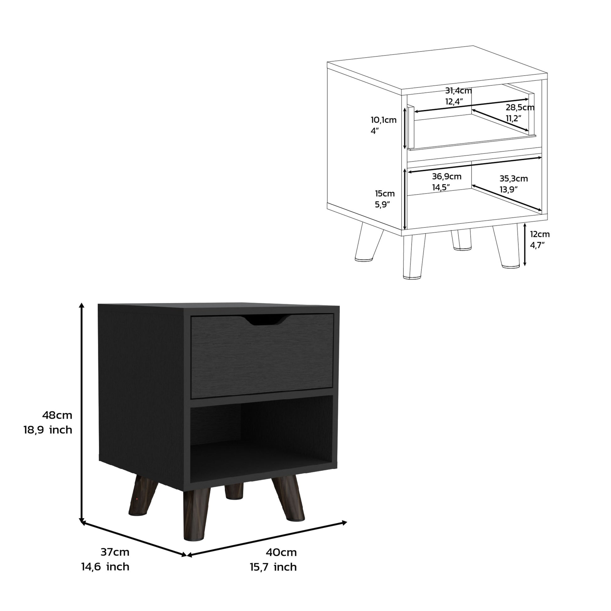 Modern Nightstand 19"H With Spacious Drawer, Open Storage Shelf And Chic Wooden Legs, Black Black Particle Board Particle Board