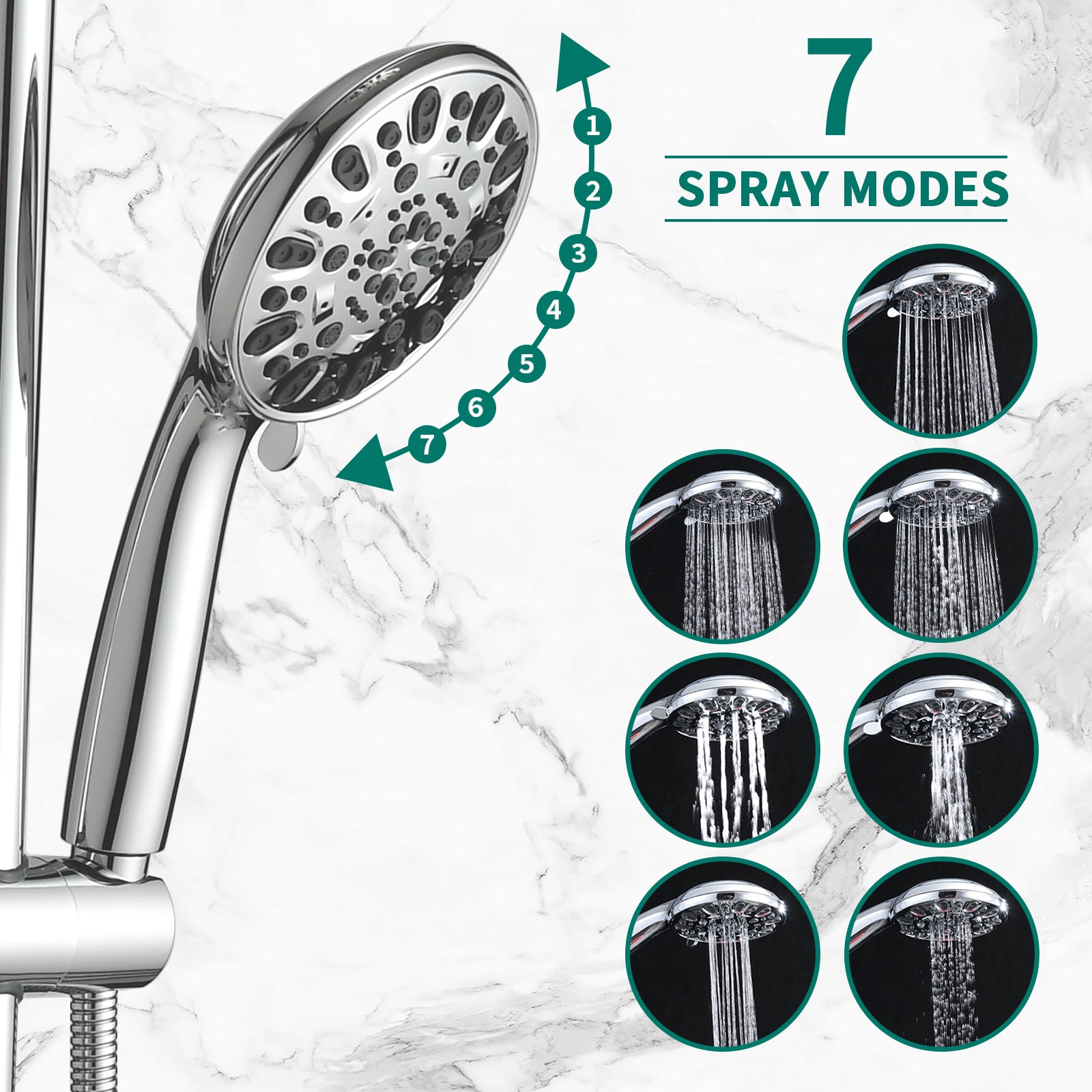 5" Polished Chrome Rain Showerhead With Handheld Tub Spout 7 Spray Modes And Slide Bar Chrome Stainless Steel