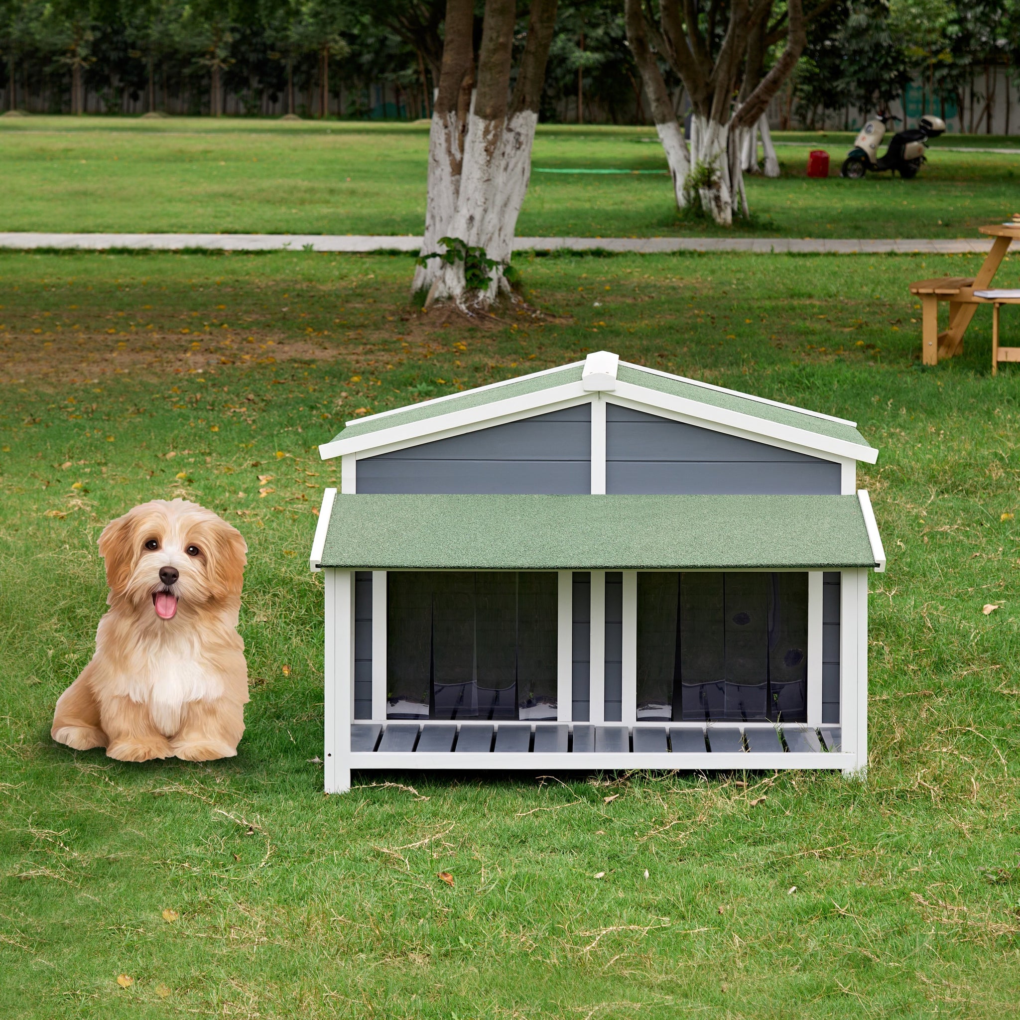 Dog House, Waterproof Dog Cage Kennel, Wooden Outdoor And Indoor Dog House, Log Cabin Style With Porch,Elevated Floor, 2 Doors, Pine Wood Blue Green Blue Pine