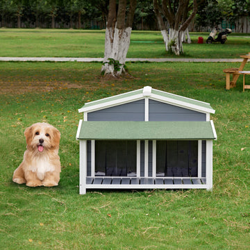 Dog House, Waterproof Dog Cage Kennel, Wooden Outdoor And Indoor Dog House, Log Cabin Style With Porch,Elevated Floor, 2 Doors, Pine Wood Blue Green Blue Pine