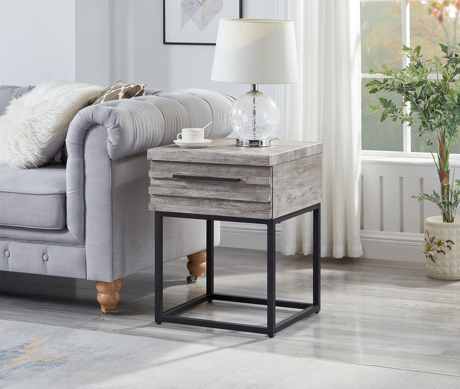 Celestial Contemporary Storage End Table, Gray Gray Wood Metal