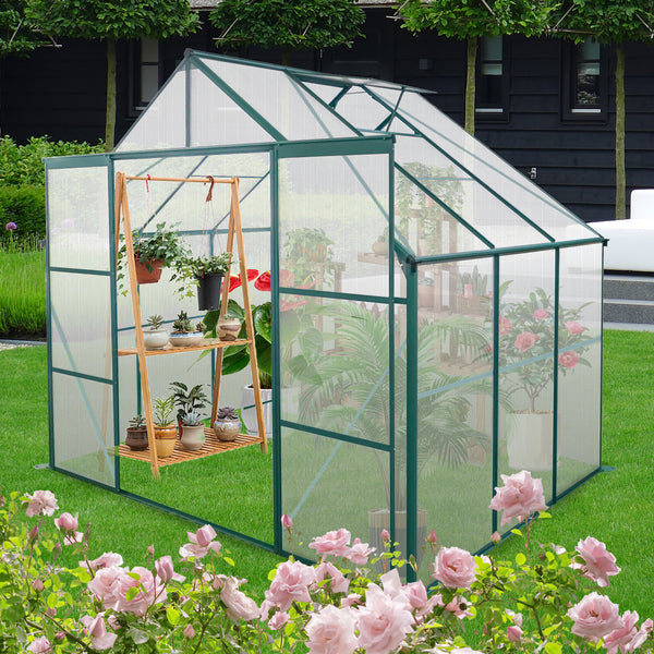 8X6Ft Green Double Door Polycarbonate Greenhouse Raised Base And Ancho