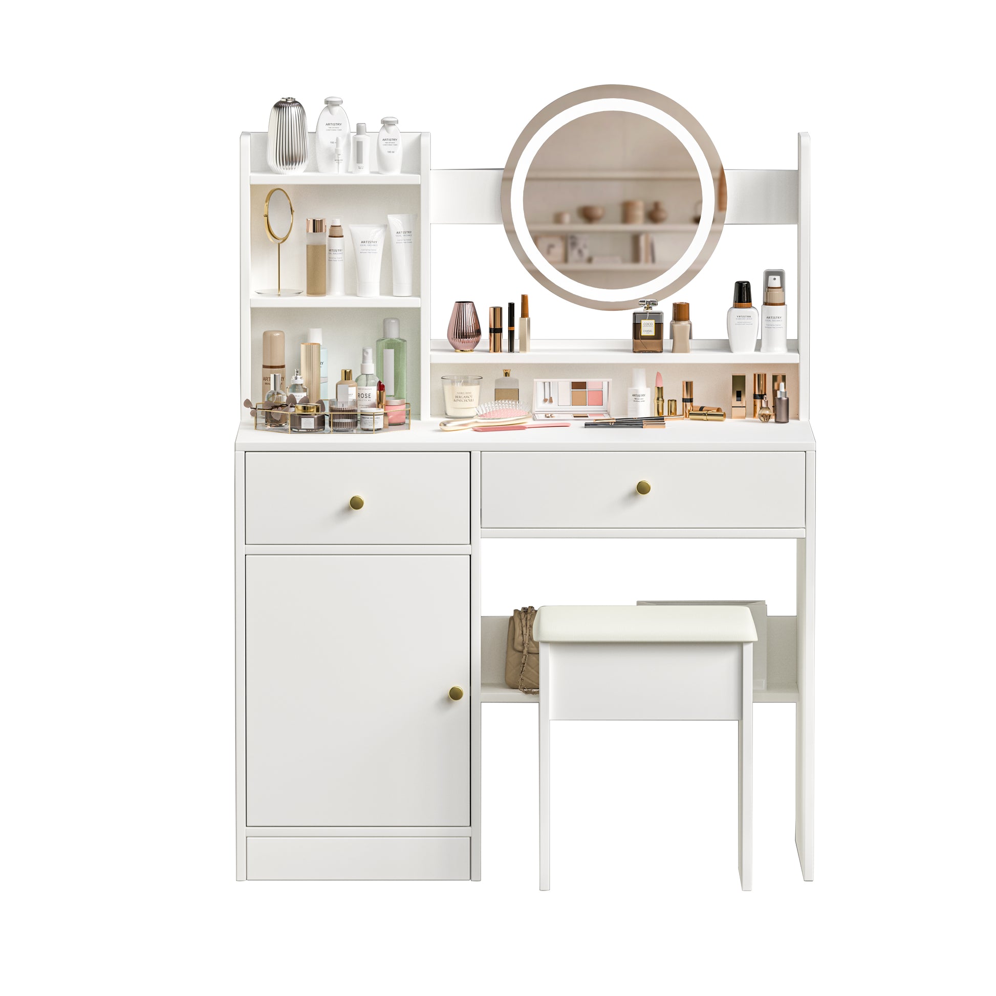 Fashion Vanity Desk With Mirror And Lights For Makeup And Cushioned Chair, Vanity Mirror With Lights And Table Set With 3 Color Lighting Brightness Adjustable,Dressing Table, White Color White 2