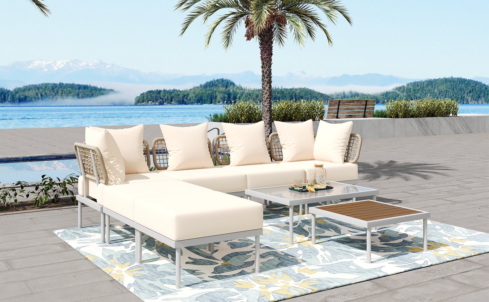 8 Piece Patio Sectional Sofa Set With Tempered Glass Coffee Table And Wooden Coffee Table For Outdoor Oasis, Garden, Patio And Poolside Beige Cushion White Steel Beige Iron