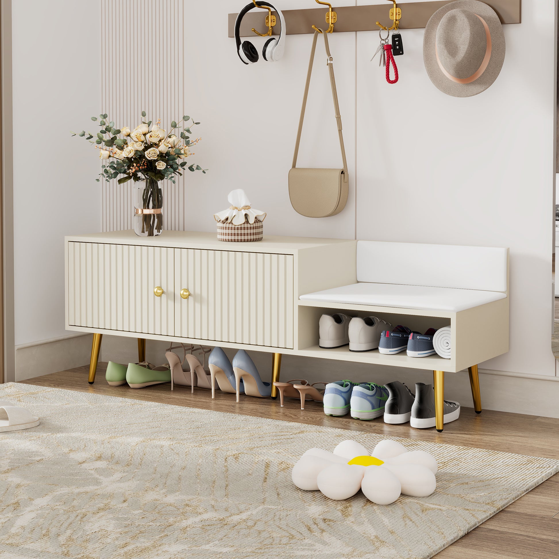 Modern Shoe Storage Bench With Hidden Storage And Upholstered Cushions For Bedside, Living Room And Entryway Antique White Antique White Mdf Metal