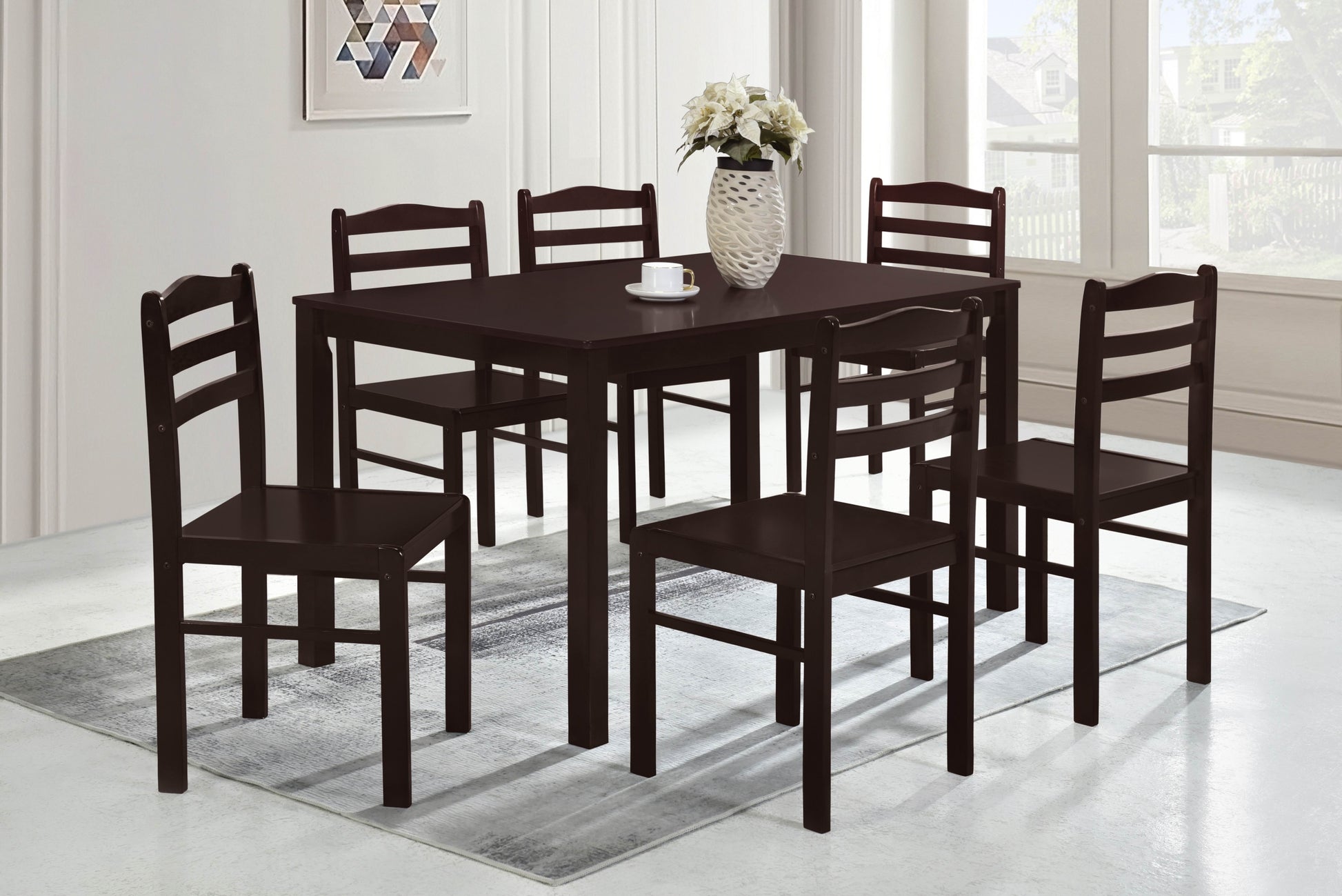 7Pc Dining Set Brown Finish Dining Table And 6 Chairs, Mdf And Solid Wood, Dining Kitchen Set Furniture Brown Seats 6 Dining Room 4 Leg Rectangular Dining Table With Chair Mdf