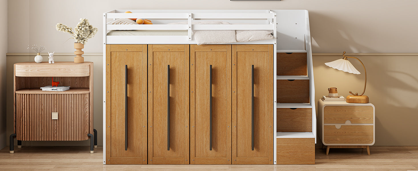 Modern Loft Bed With Two Tone Storage Stairs And Pull Out Wardrobes, White Twin White Solid Wood Mdf