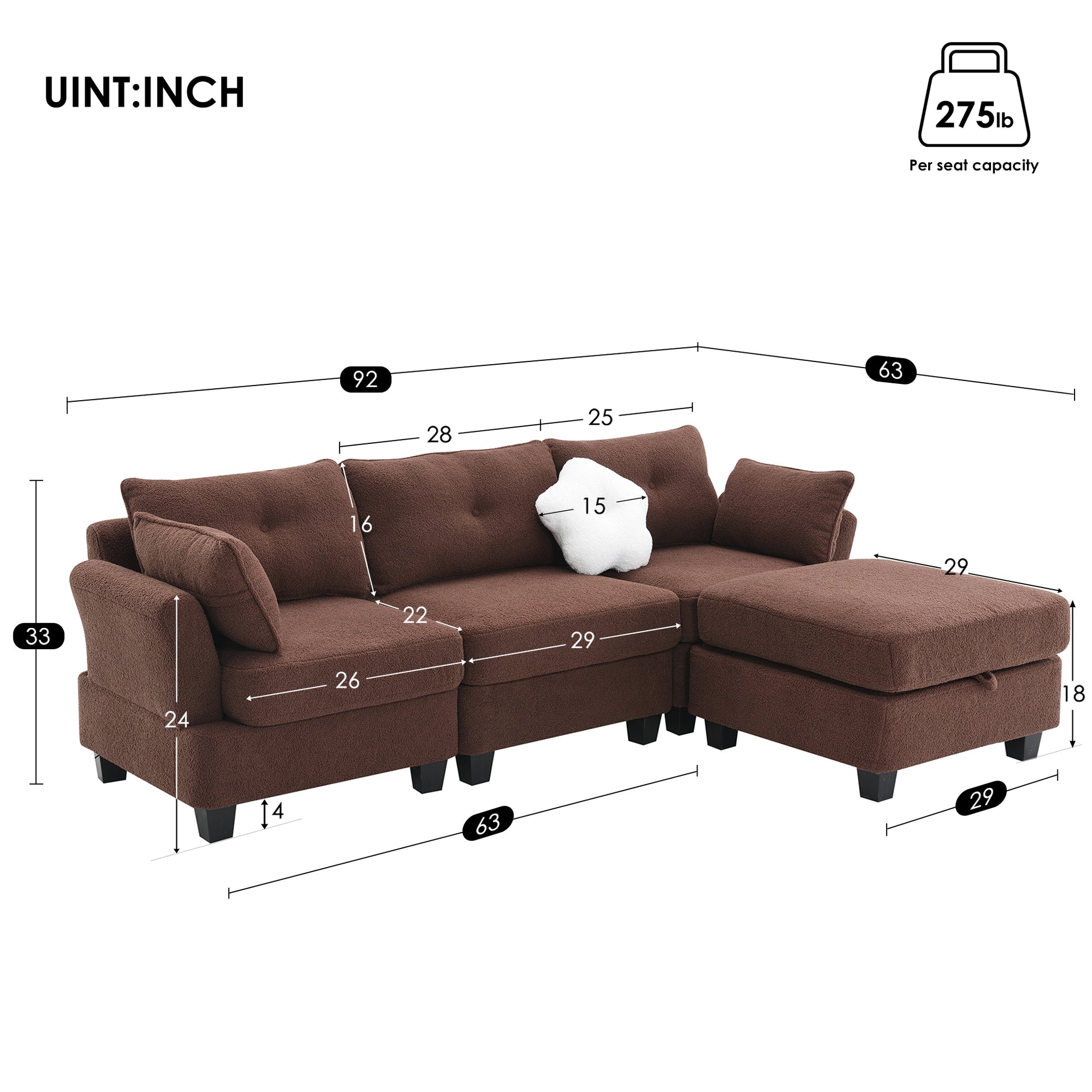 92*63"Modern Teddy Velvet Sectional Sofa,Charging Ports On Each Side,L Shaped Couch With Storage Ottoman,4 Seat Interior Furniture For Living Room, Apartment,3 Colors 3 Pillows Brown Teddy 4 Seat