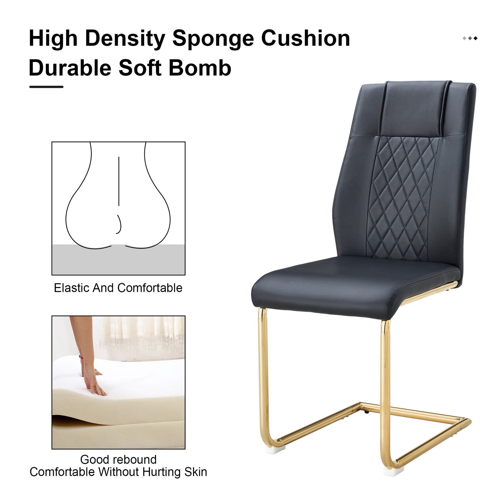 Table And Chair Set.Modern Rectangular Glass Dining Table With A Tempered Glass Tabletop And Metal Legs, Paired With Multiple Chairs Designed With Pu Cushions And Golden Metal Legs. Black Gold Seats 6 Tempered Glass