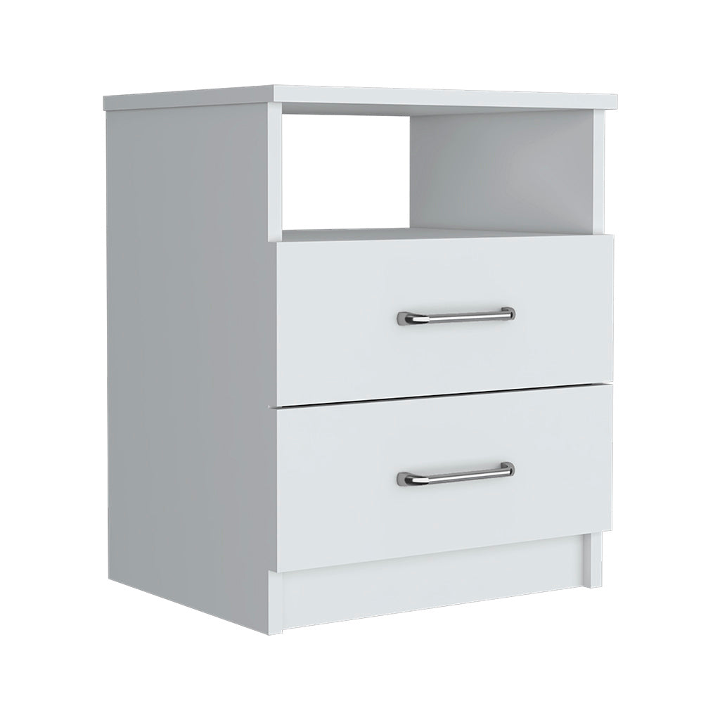 Nightstand 20"H, Two Drawers, Open Shelf, Superior Top, White White Particle Board Particle Board