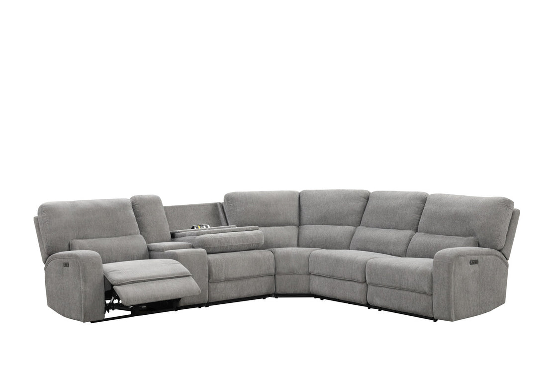 Anthony 114" Wide Light Gray Chenille Fabric Power Reclining Sectional With Power Headrest, Charging Ports, Storage, And Cupholders Light Gray Chenille 5 Seat