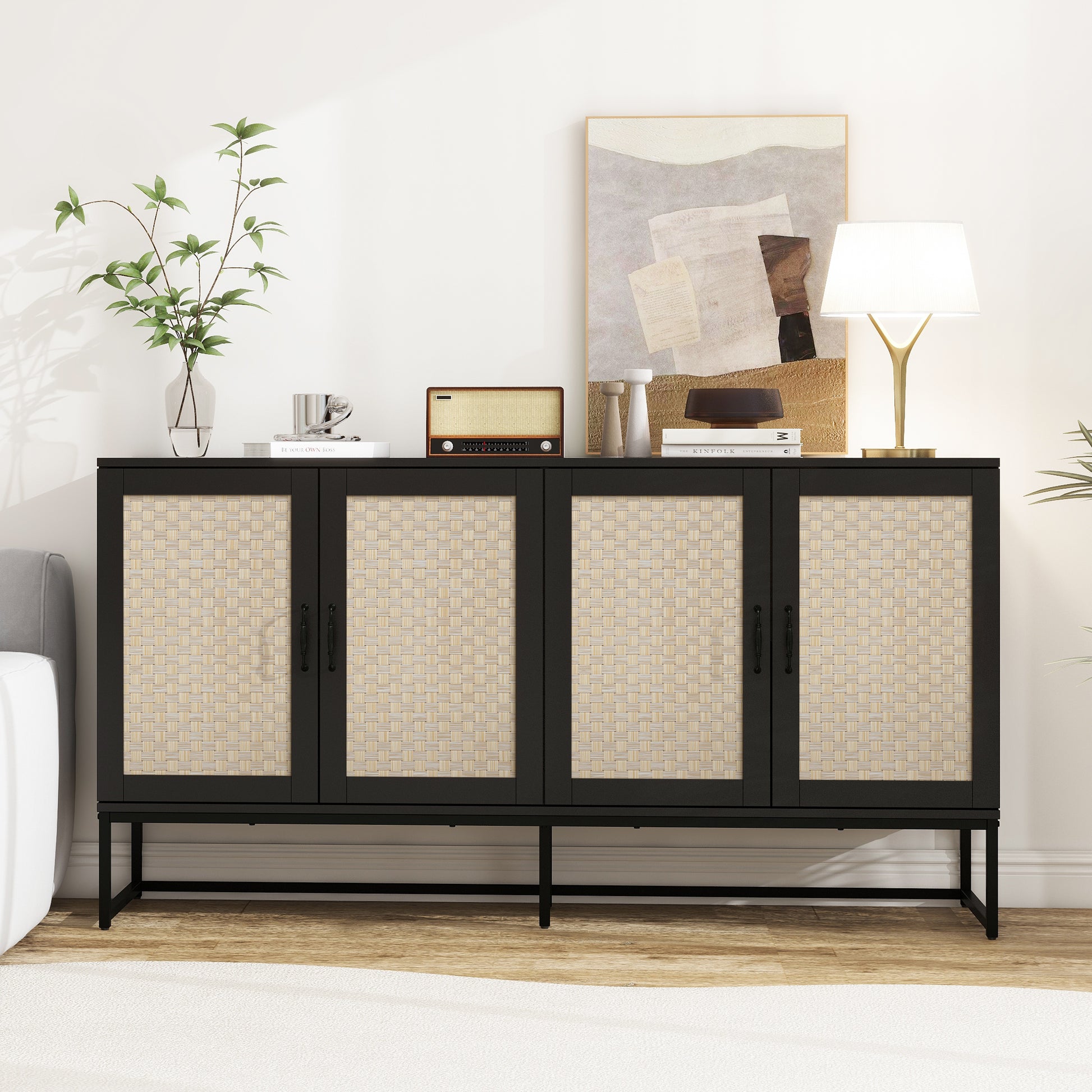 Rattan 4 Door Sideboardsideboard Buffet Storage Cabinet,Accent Storage Cabinetlarge Cabinet With 4 Rattan Decorated Doors For Living Room Dining Room Black Modern Particle Board Mdf