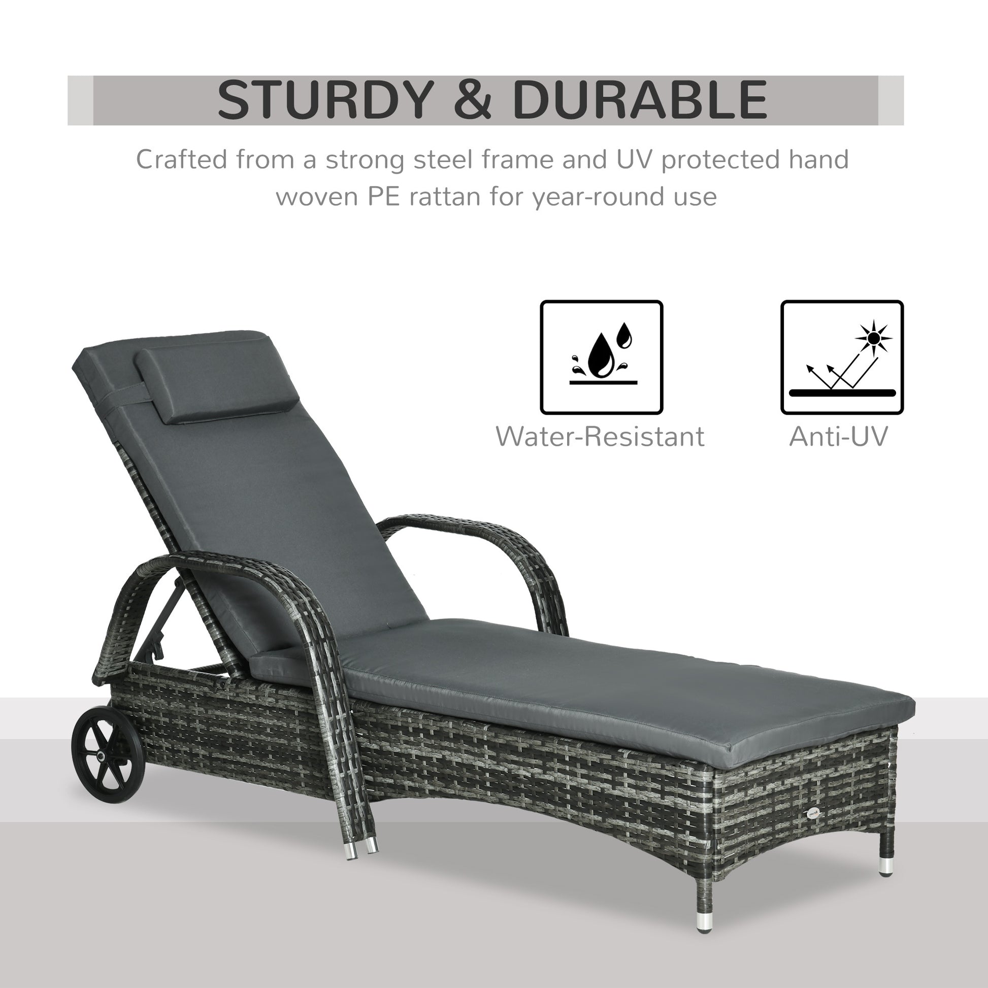 Outsunny Wicker Outdoor Chaise Lounge, 5 Level Adjustable Backrest Pe Rattan Pool Lounge Chair With Wheels, Cushion & Headrest, Mixed Gray And Charcoal Gray Gray Rattan Metal