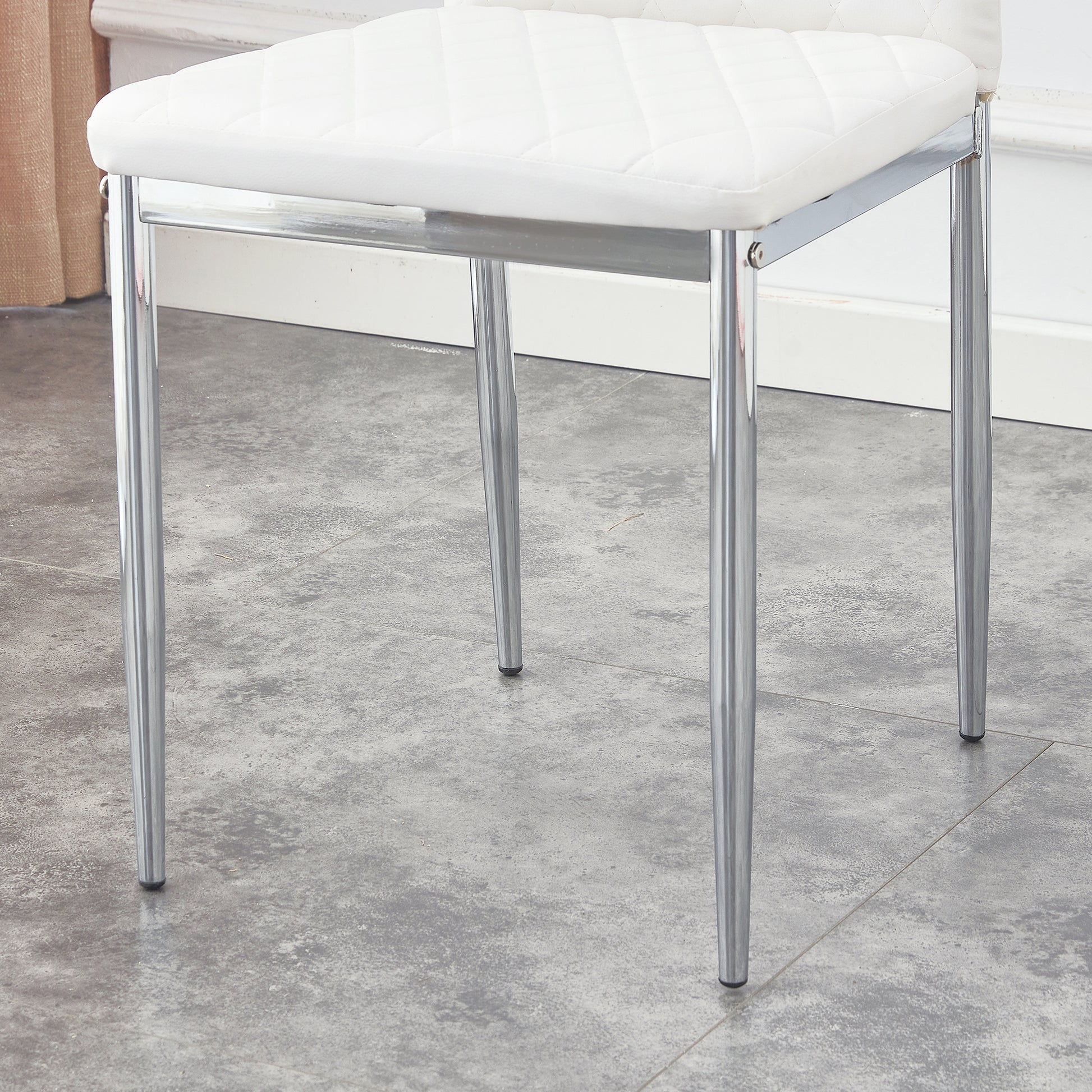Table And Chair Set.Large Modern Rectangular Table With Brown Glass Top And Silver Metal Legs. Paired With 6 White Chairs With Checkered Armless High Back Pu Cushion And Silver Metal Legs. Silver,White Seats 6 Glass Metal