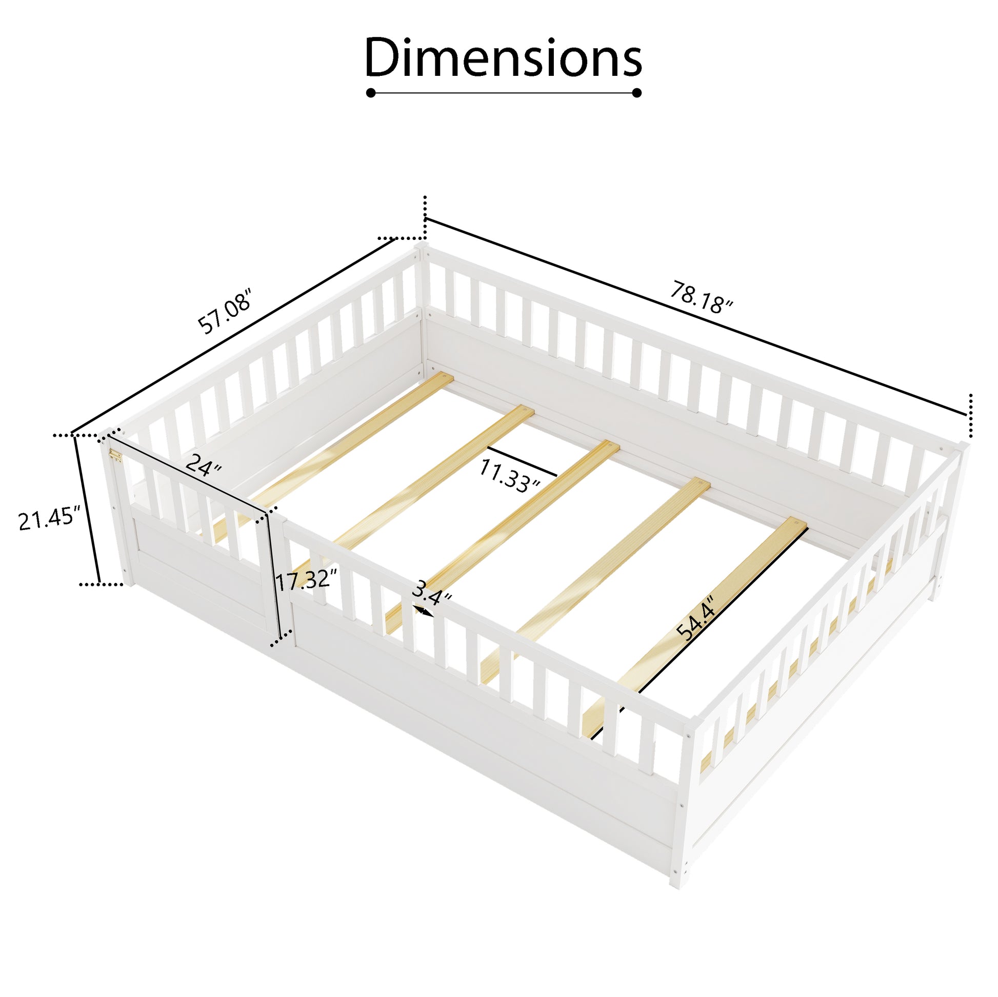 Full Size Floor Bed, Integral Construction With Super High Security Barrier, Door, Children'S Floor Bed Frame, Montessori Wooden Children'S Floor Bed, Support Slat White Box Spring Required Full