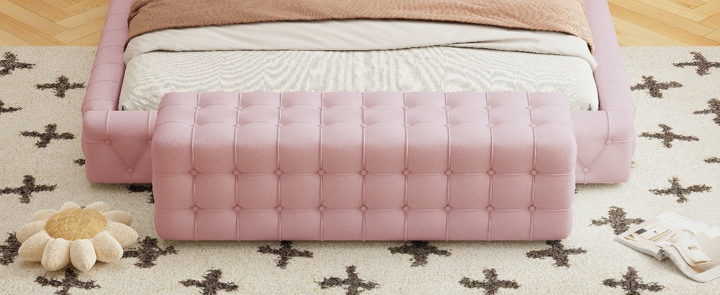 All Covered Velvet Upholstered Ottoman, Rectangular Footstool, Bedroom Footstool, No Assembly Required, Elegant And Luxurious, Pink Pink Mdf