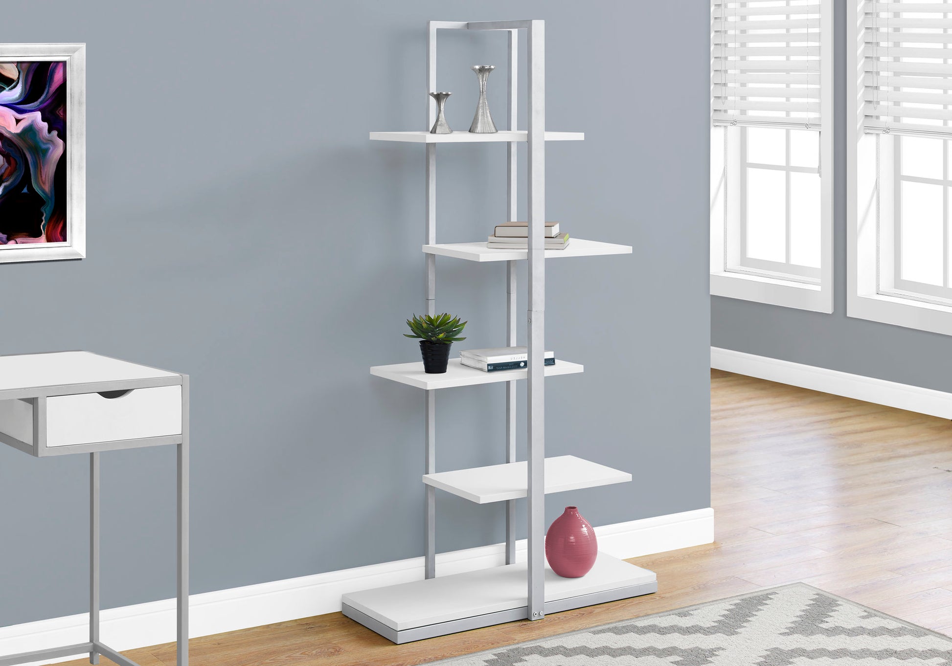 Bookshelf, Bookcase, Etagere, 5 Tier, 60"H, Office, Bedroom, White Laminate, Grey Metal, Contemporary, Modern White Mdf