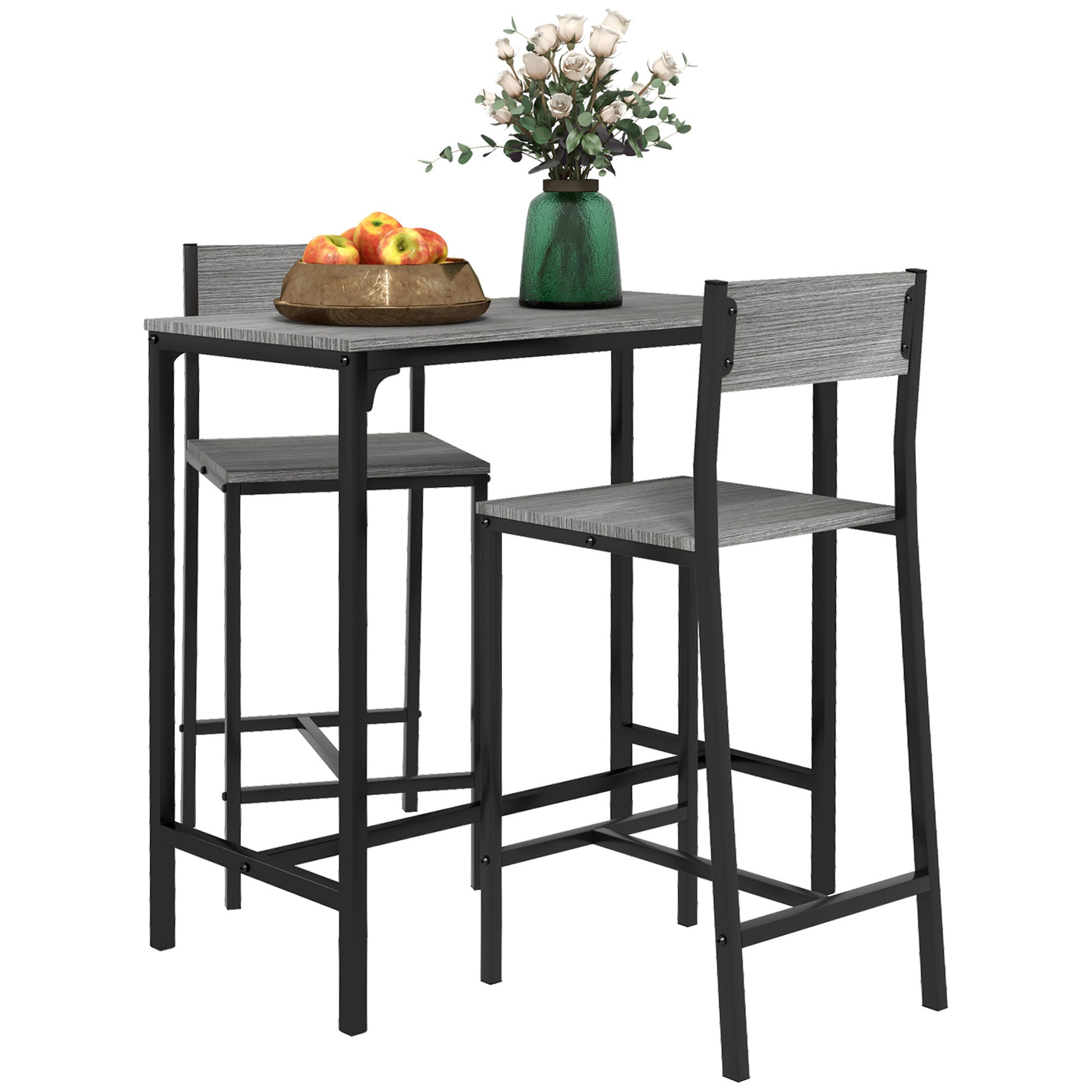 Homcom 3 Piece Bar Table And Chairs, Industrial Dining Table Set For 2, Counter Height Kitchen Table With Bar Stools, Breakfast Table Set For 2 For Small Space, Gray Grey Mdf