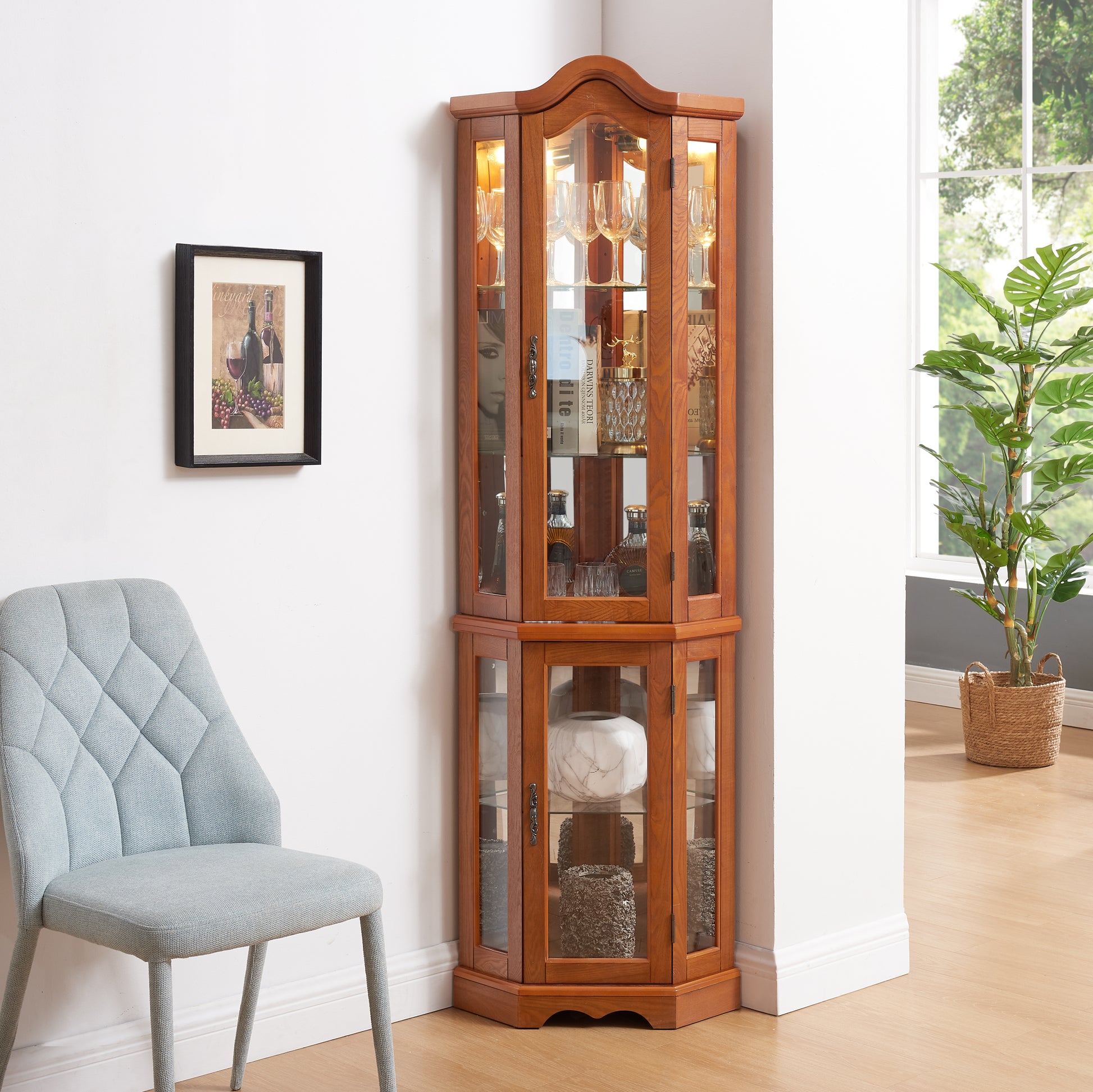 Curio Cabinet Lighted Glass Display Curio Cabinet W Tempered Glass Doors And Shelves, Crown Corner Cabinet With Bulb, Corner Storage Decoration For Living Room And Bedroom Oak Oak Mdf