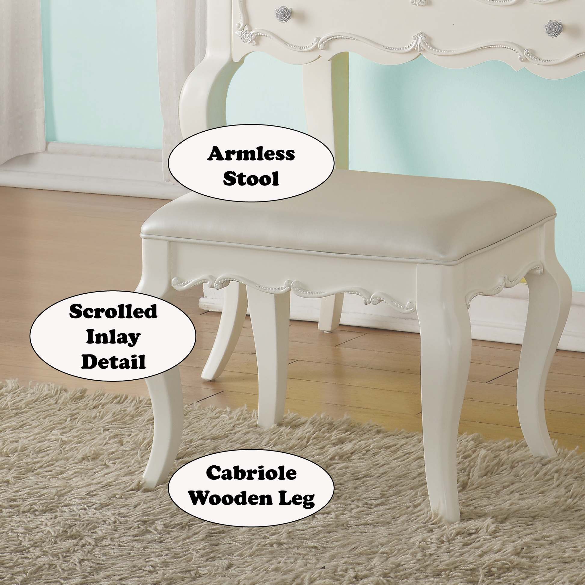 Pearl And Pearl White Padded Vanity Stool White Vanity Stools Bedroom Rectangular White Faux Leather