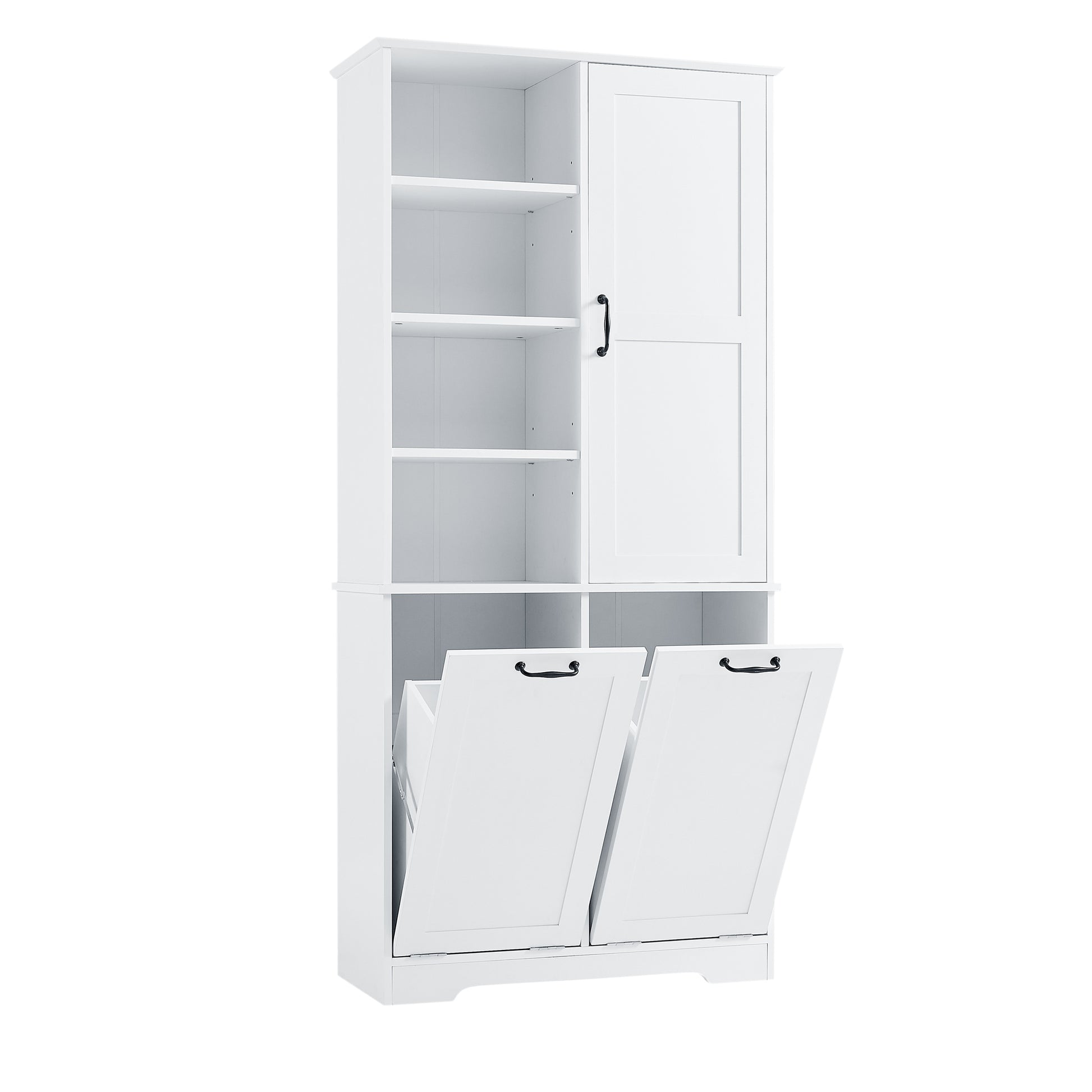 Bathroom Storage Cabinet With Doors And Drawers, Tilt Out Laundry Hamper, Multiple Storage Space, Freestanding Style, Open Shelve, Adjustable Shelf, White White Mdf