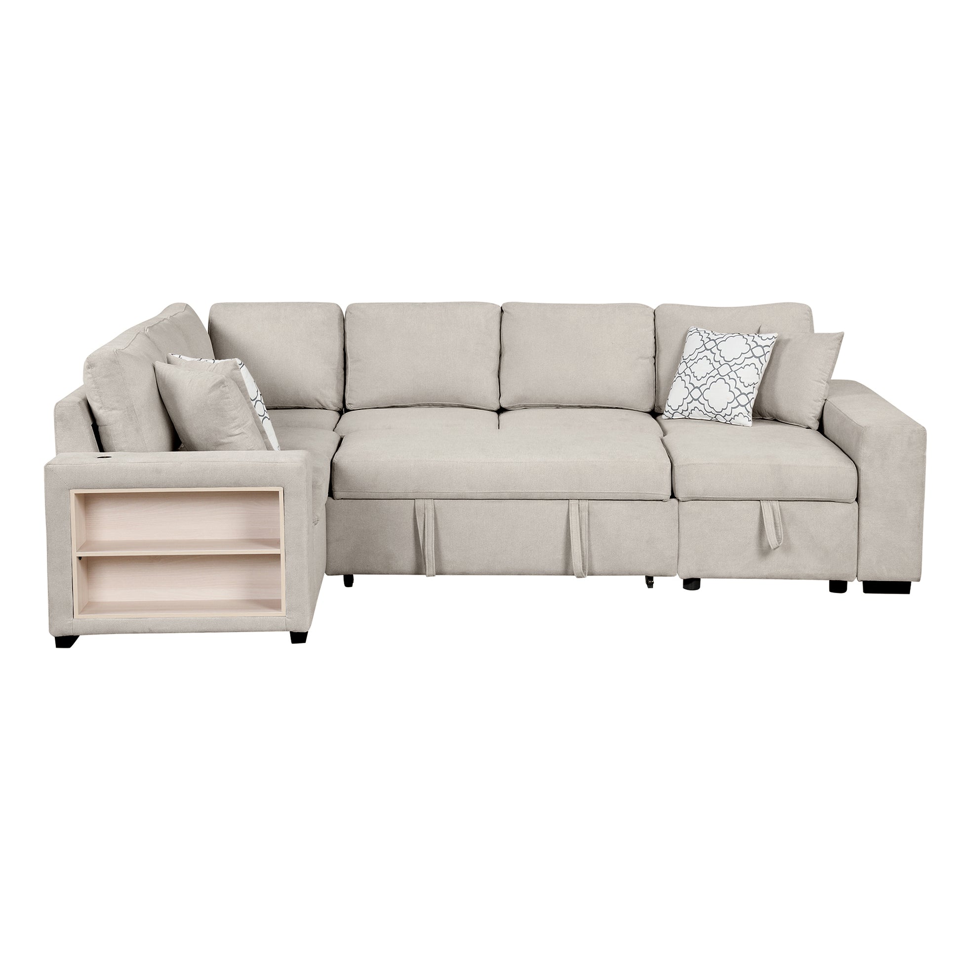 109" U Shaped Sectional Sofa Pull Out Sofa Bed With Two Usb Ports, A Storage Chaise Lounge And Four Back Pillows For Living Room, Beige Beige Foam Chenille 5 Seat