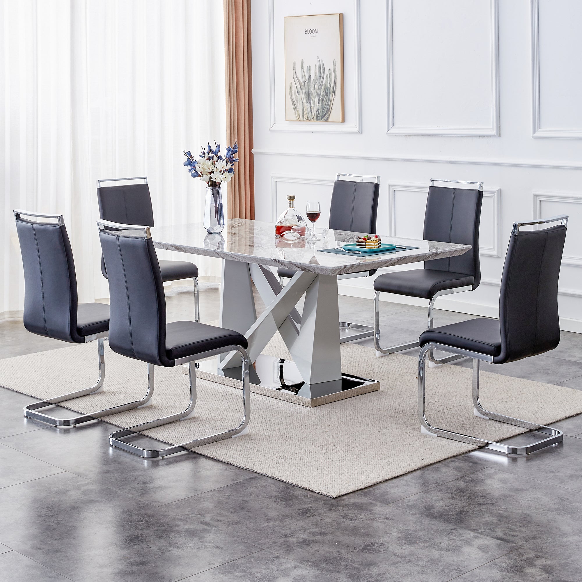 1 Table And 6 Chairs Set.Modern Grey Mdf Faux Marble Dining Table With Double V Shaped Supports.Paired With 6 Modern Pu Artificial Leather Soft Cushion With Silver Metal Legs.F Vv,C 1162 Gray Seats 6 Mdf Metal