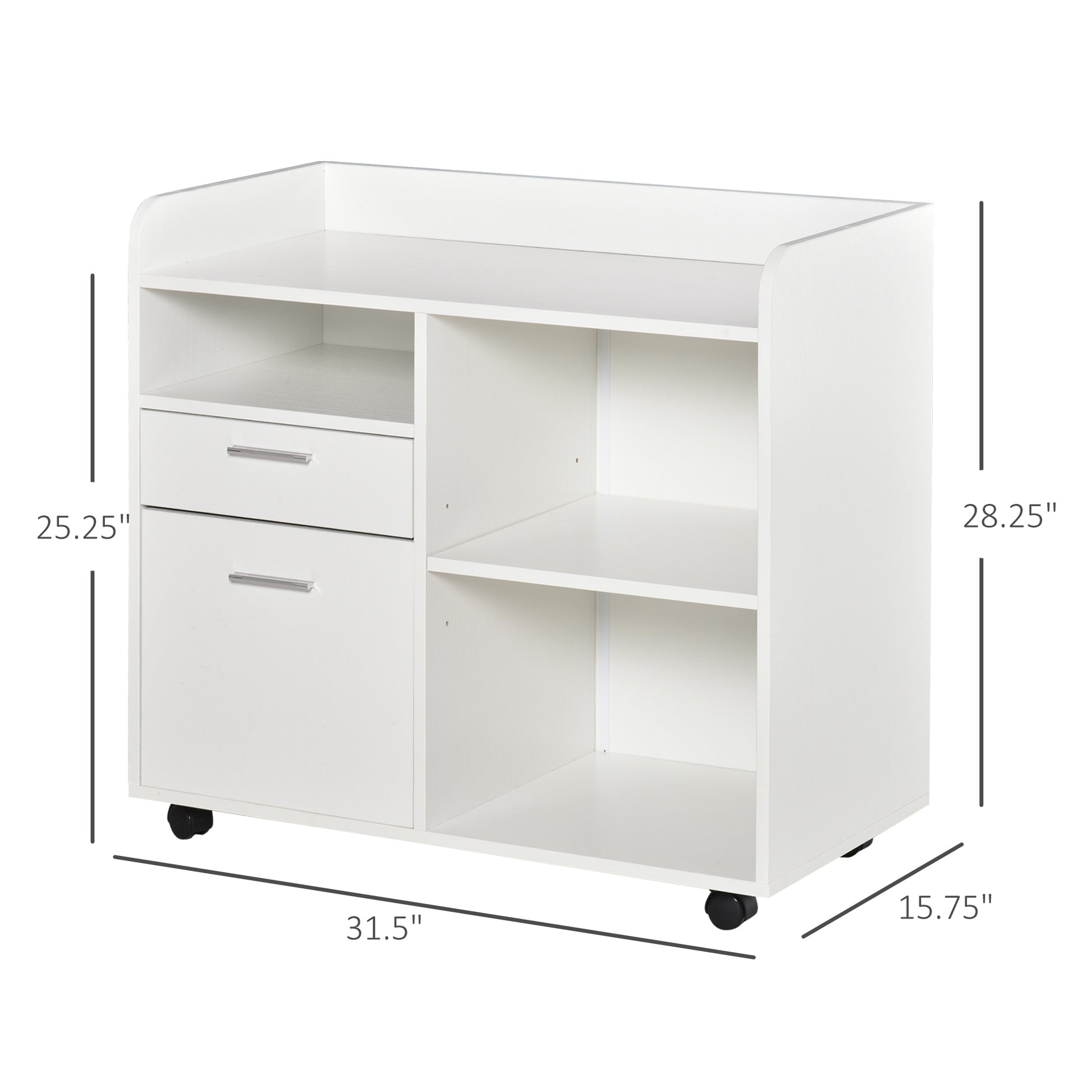 Vinsetto Filing Cabinet Printer Stand Mobile Lateral File Cabinet With 2 Drawers, 3 Open Storage Shelves For Home Office Organization, White White Particle Board