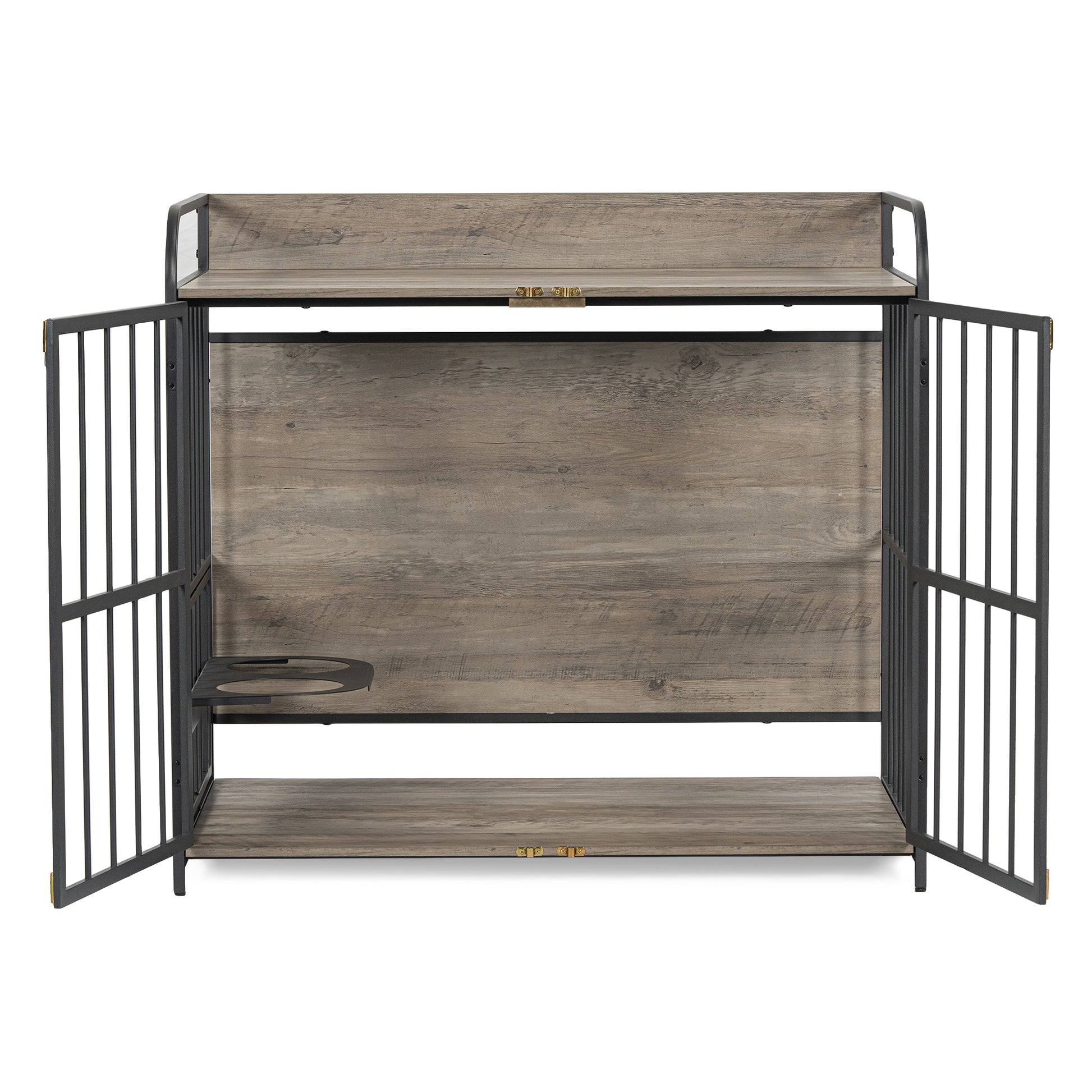 39'' Indoor Metal Dog Crate With Double Doors, Wooden Side End Table Crate, Dog Crate Furniture With Adjustable Feeder Stand, For Medium Dog, Gray Gray Dog Engineered Wood