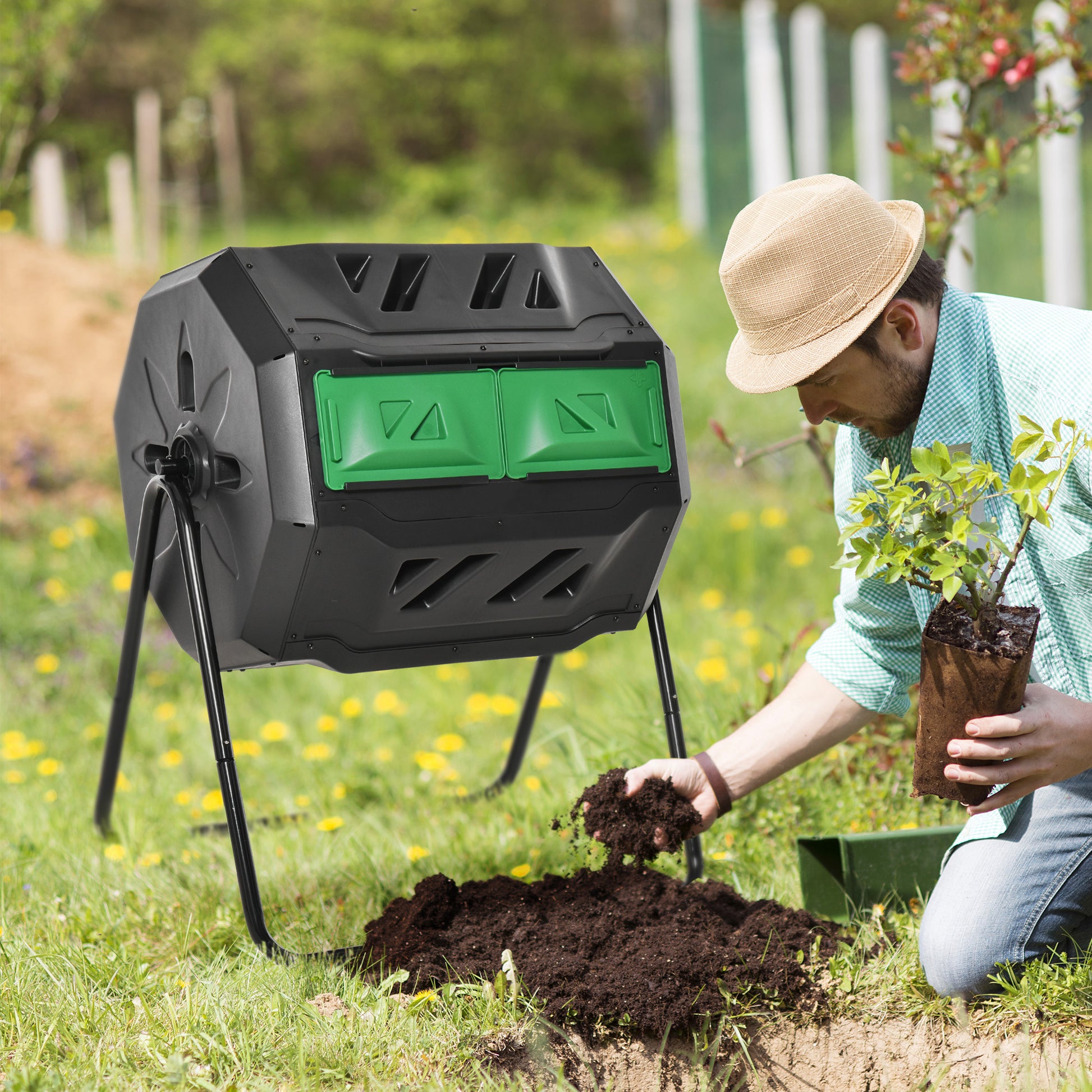 Outsunny Tumbling Compost Bin Outdoor 360 Dual Rotating Composter 43 Gallon, Green Green Steel