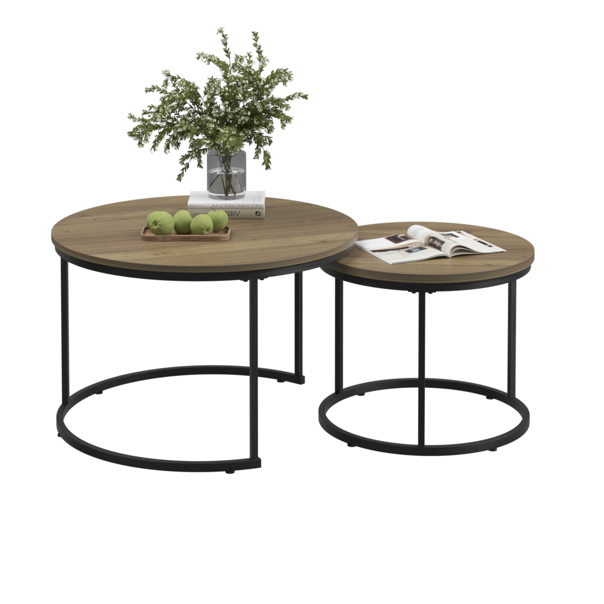 Nesting Coffee Table Set Of 2, 27.6Inch Round Coffee Table Industrial Wood Finish With Sturdy Metal Frame, End Table Side Tables For Living Room Bedroom Balcony Yard Brown Brown Wood Metal