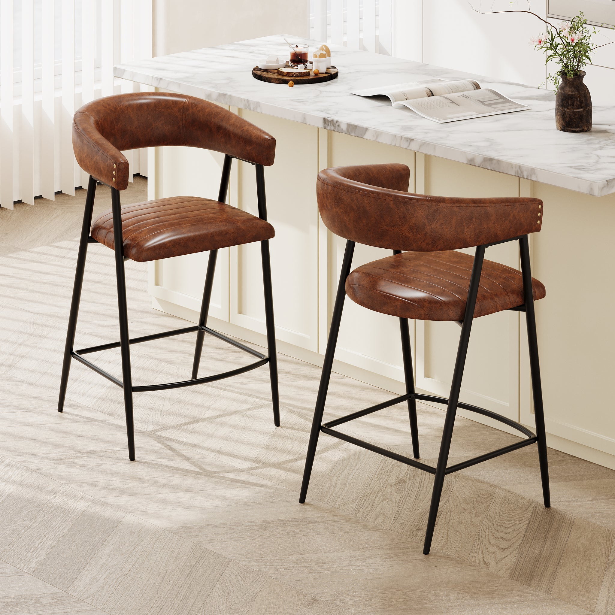 26'' Counter Stools Set Of 2, Pu Upholstered Counter Stools With Iron Frame, Backrest, Footrest, Arm Counter Stools For Home Bar, Kitchen Counter, Brown Iron Brown Kitchen Sponge Traditional Set Of