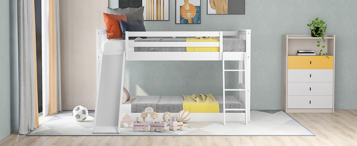 Twin Over Twin Bunk Bed With Convertible Slide And Ladder, White Old Sku: Sm000213 Box Spring Not Required Twin White Wood Bedroom Bunk Pine