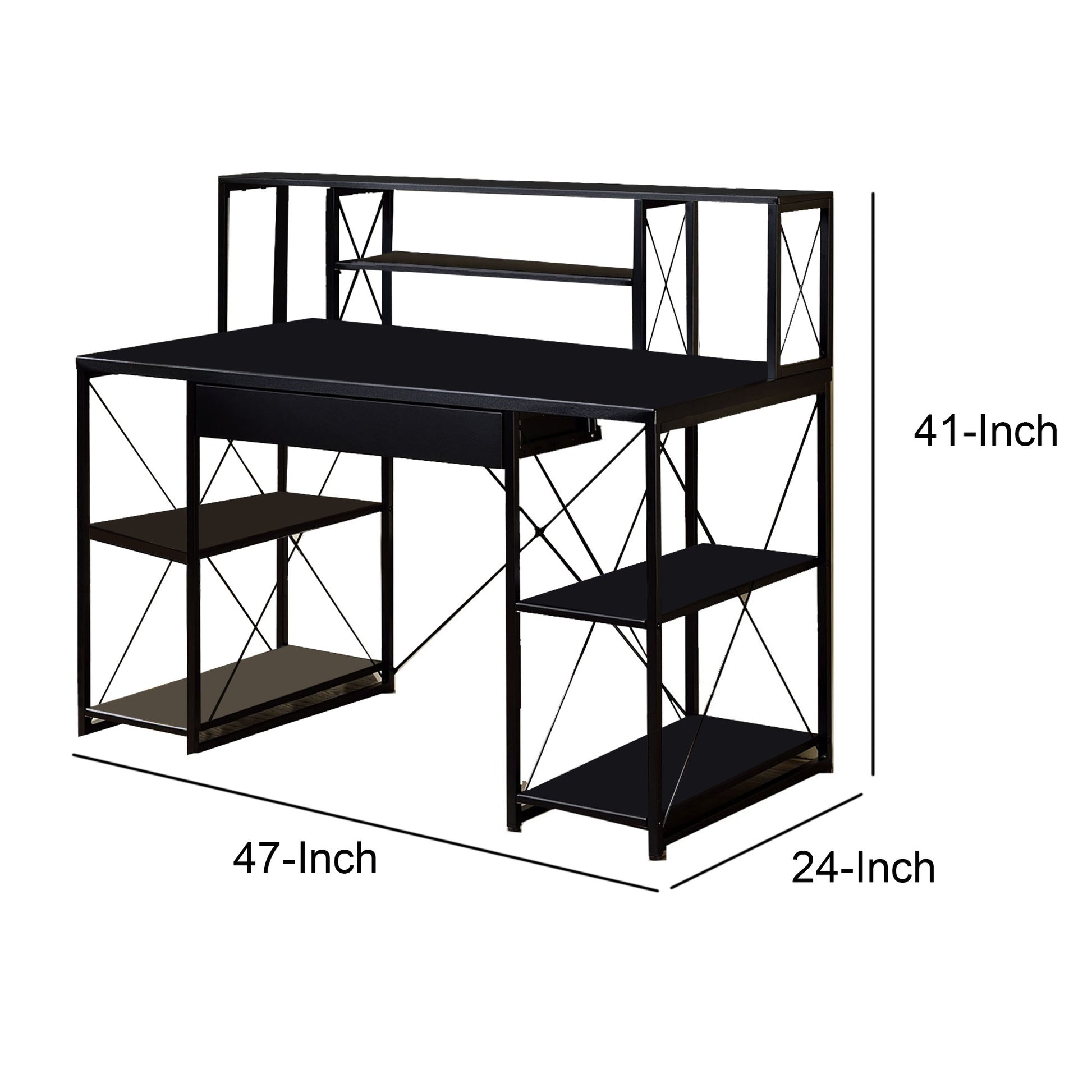 Industrial Style Desk With 4 Open Selves And Bookcase Hutch, Black Black Wood Metal