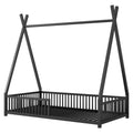 Metal Twin Size House Platform Bed With Triangle Structure And Guardrail, Black Box Spring Not Required Twin Black Metal Metal