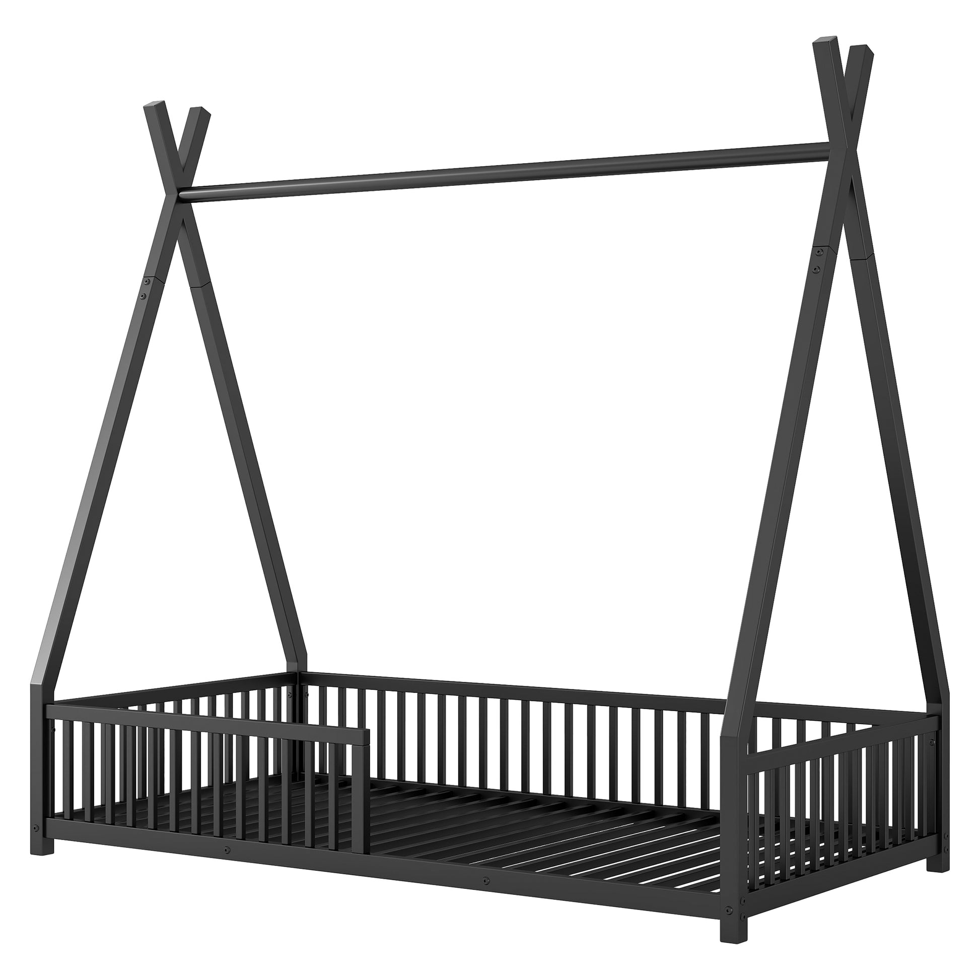Metal Twin Size House Platform Bed With Triangle Structure And Guardrail, Black Box Spring Not Required Twin Black Metal Metal