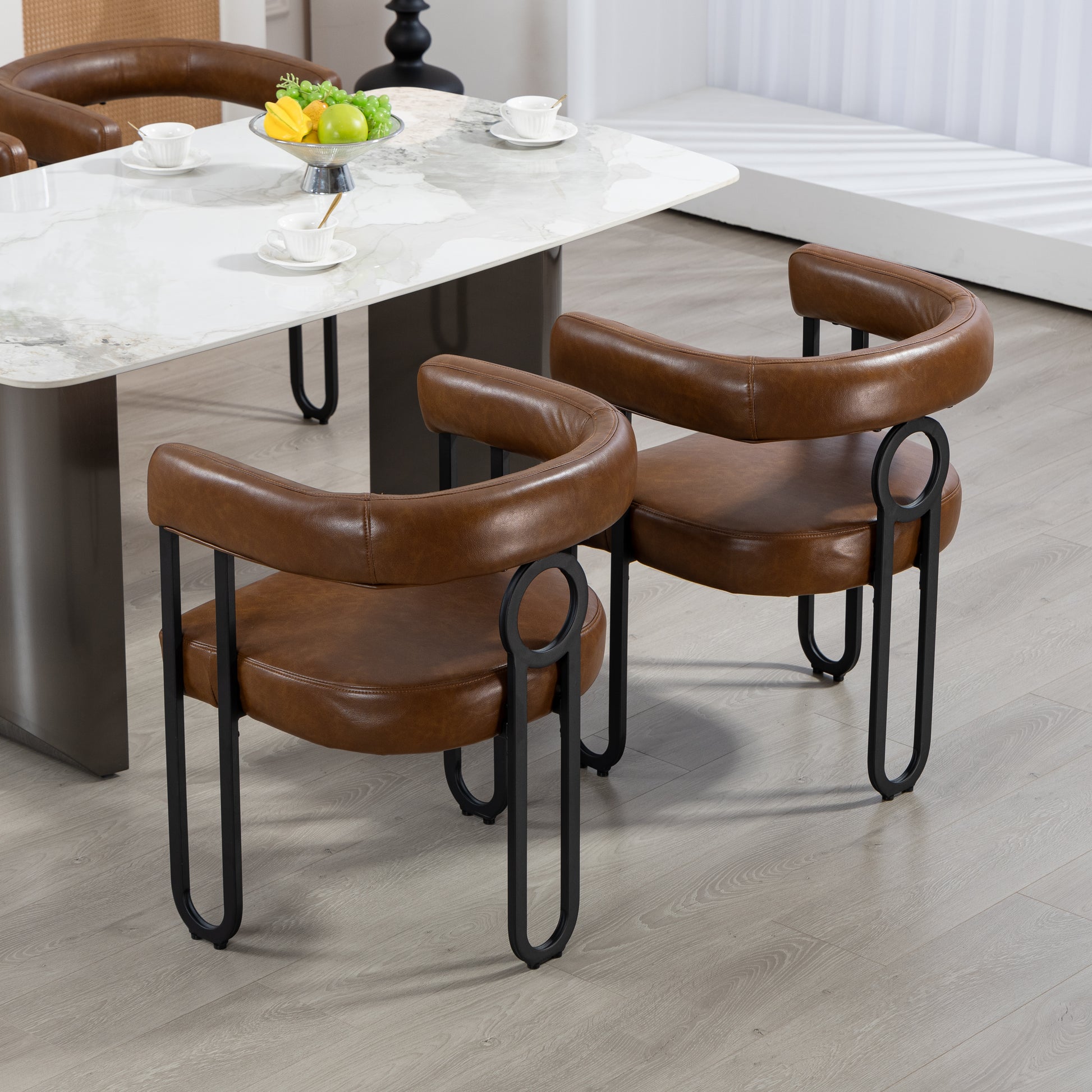 Coolmore Contemporary Designed Pu Fabric Upholstered Accent Dining Chair Barrel Side Chairs Kitchen Armchair For Living Room Set Of 2 Light Brown Pu Light Brown Dining Room Foam Pu Leather