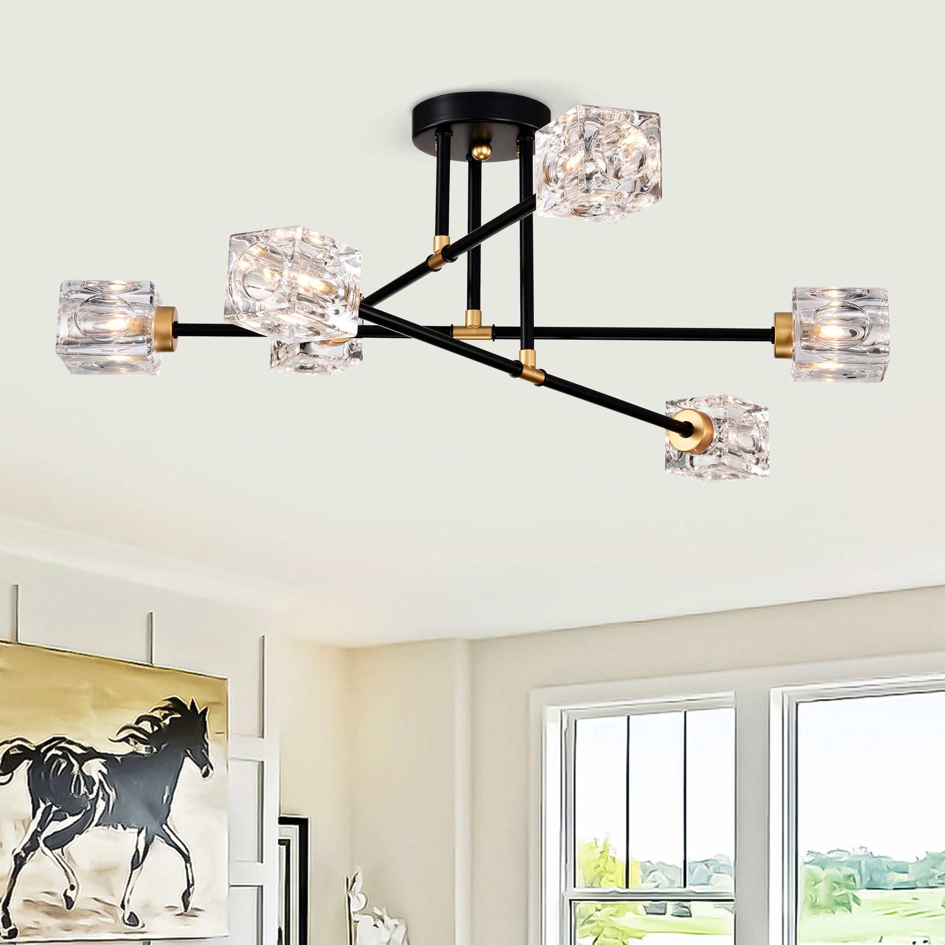 Modern Ceiling Lamp With Light Fixture 6*G9 Bulbs Included ,Modern Semi Flush Mount Light Fixture Crystal Chandelier For Dining Room, Bedroom, Living Room Matte Black Matte Gold Gold,Matte Black