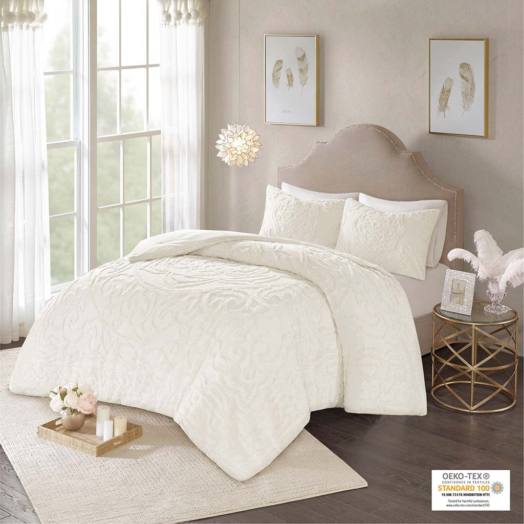 3 Piece Tufted Cotton Chenille Medallion Comforter Set Off White King Cal King King Off White Cotton