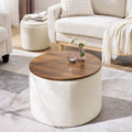 2 Piece Set Round Chenille Storage Ottoman, Equipped With A Drum Shaped Small Stool, Storage Space, And Mdf Made Desktop Panel Beige 23.62