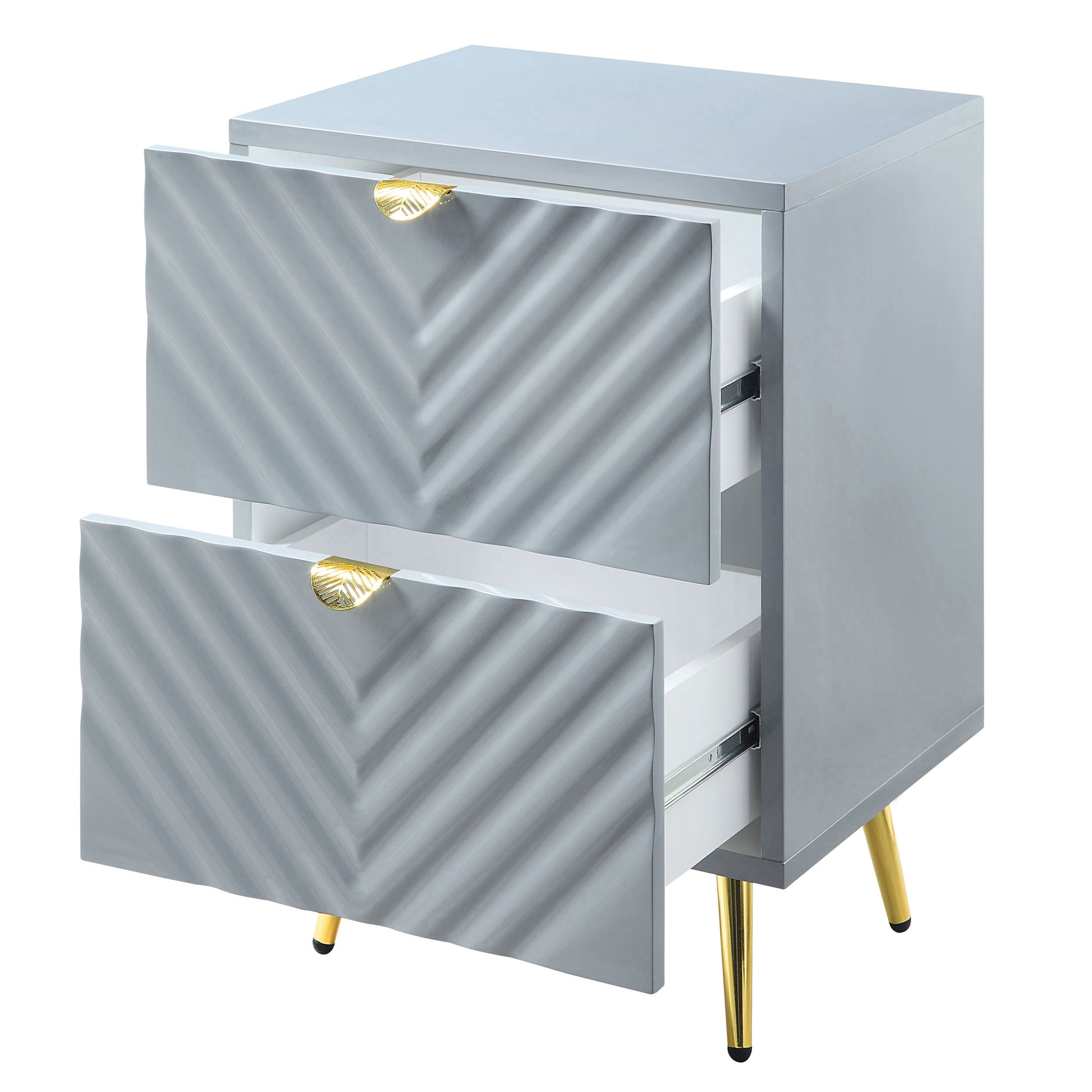 Grey High Gloss 2 Drawer Nightstand Grey 2 Drawers Bedroom Rectangle Glam Drawers Wood Metal