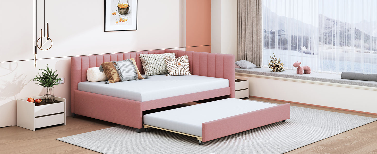 Full Size Upholstered Daybed With Trundle Sofa Bed Frame No Box Spring Needed, Linen Fabric Pink Full Pink Linen