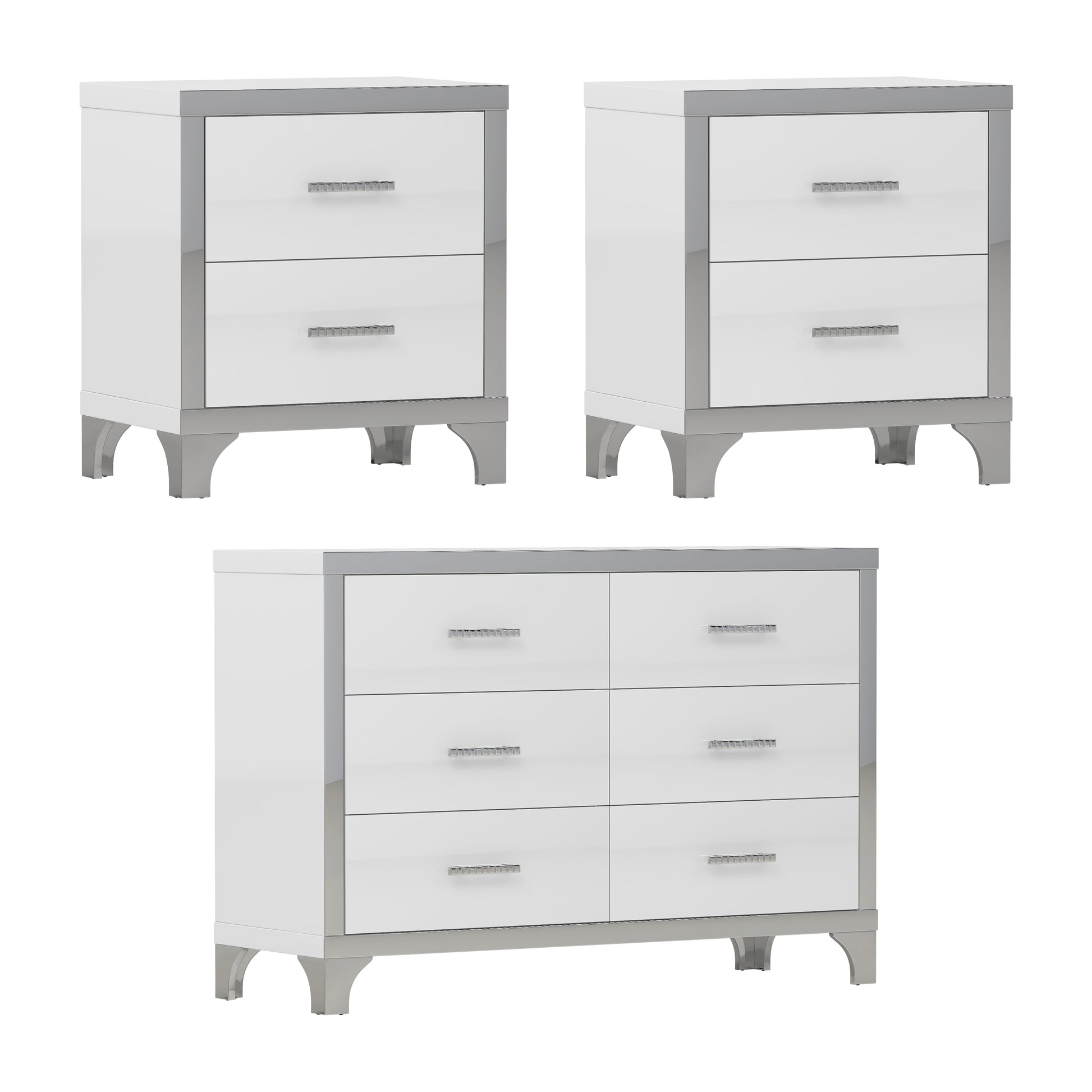 3 Pieces Sets,Dresser And Two Nightstands With Metal Handles And Mirror Decoration, Elegant And Subtle,White White 3 Piece Set Mdf